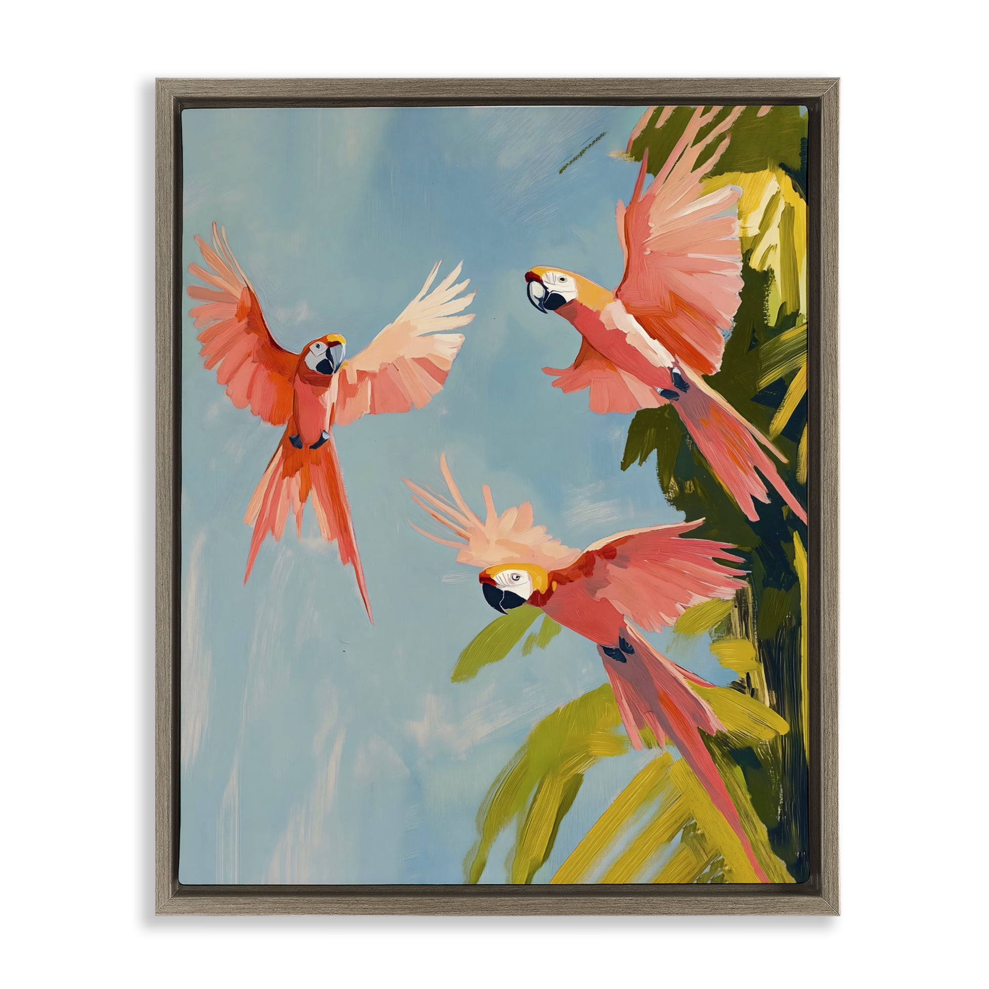 Stupell Industries Botanical Parrots in Flight Brown Framed Floater Canvas Wall Art, design by The Prints Vibe
