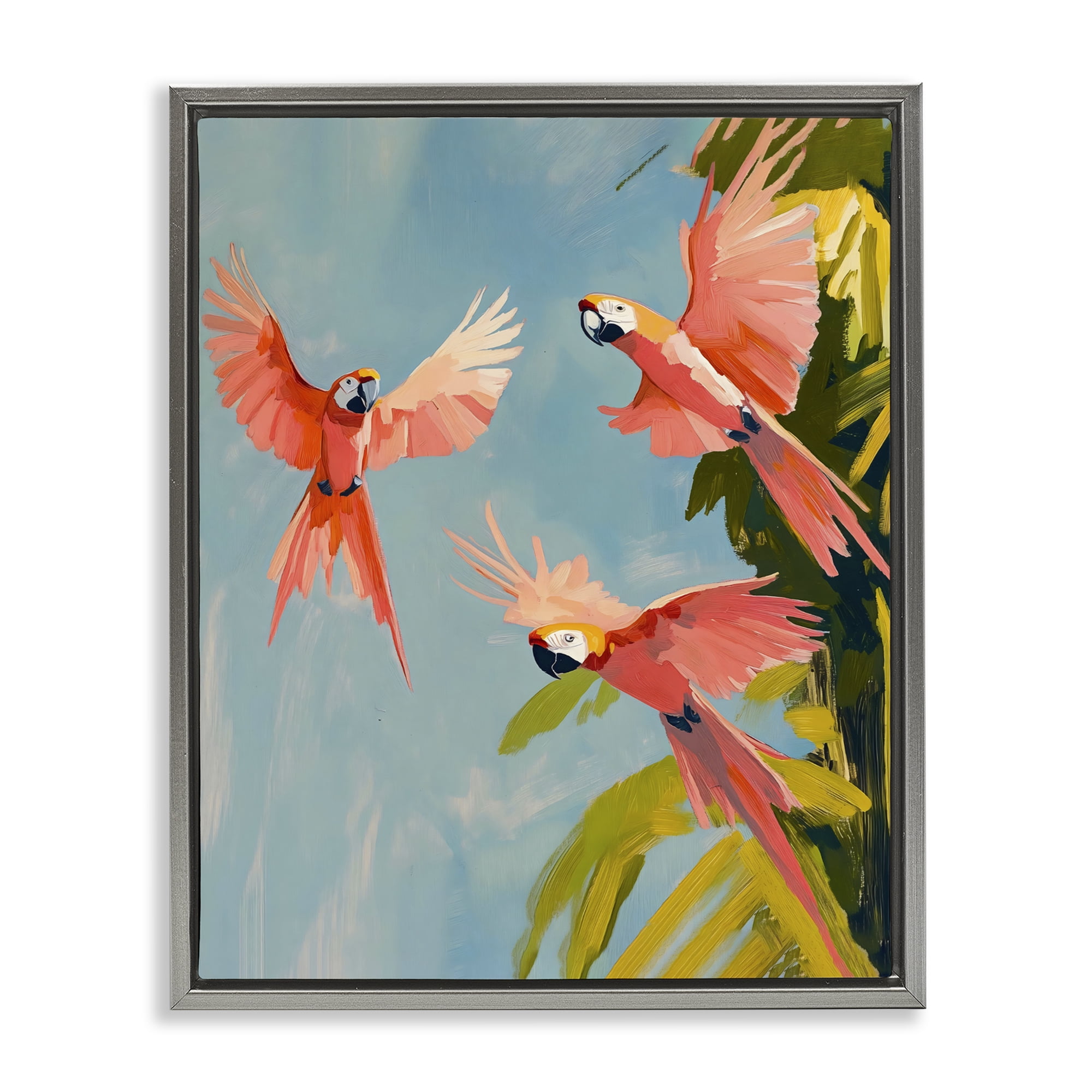Stupell Industries Botanical Parrots in Flight Gray Framed Floater Canvas Wall Art, design by The Prints Vibe