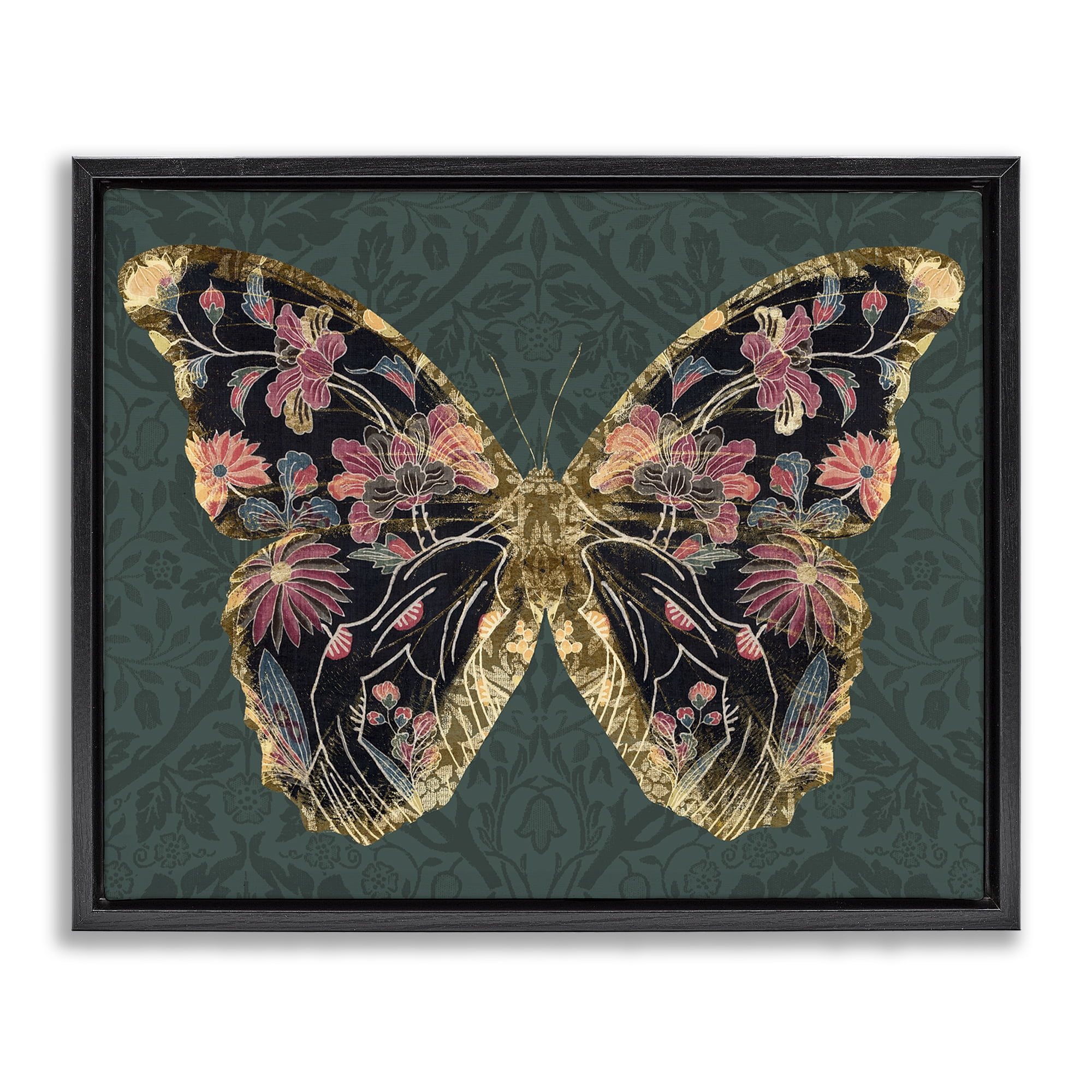 Stupell Industries Botanical Pattern Butterfly Animals & Insects Painting Black Floater Framed Canvas Art Print Wall Art, 31 x 25