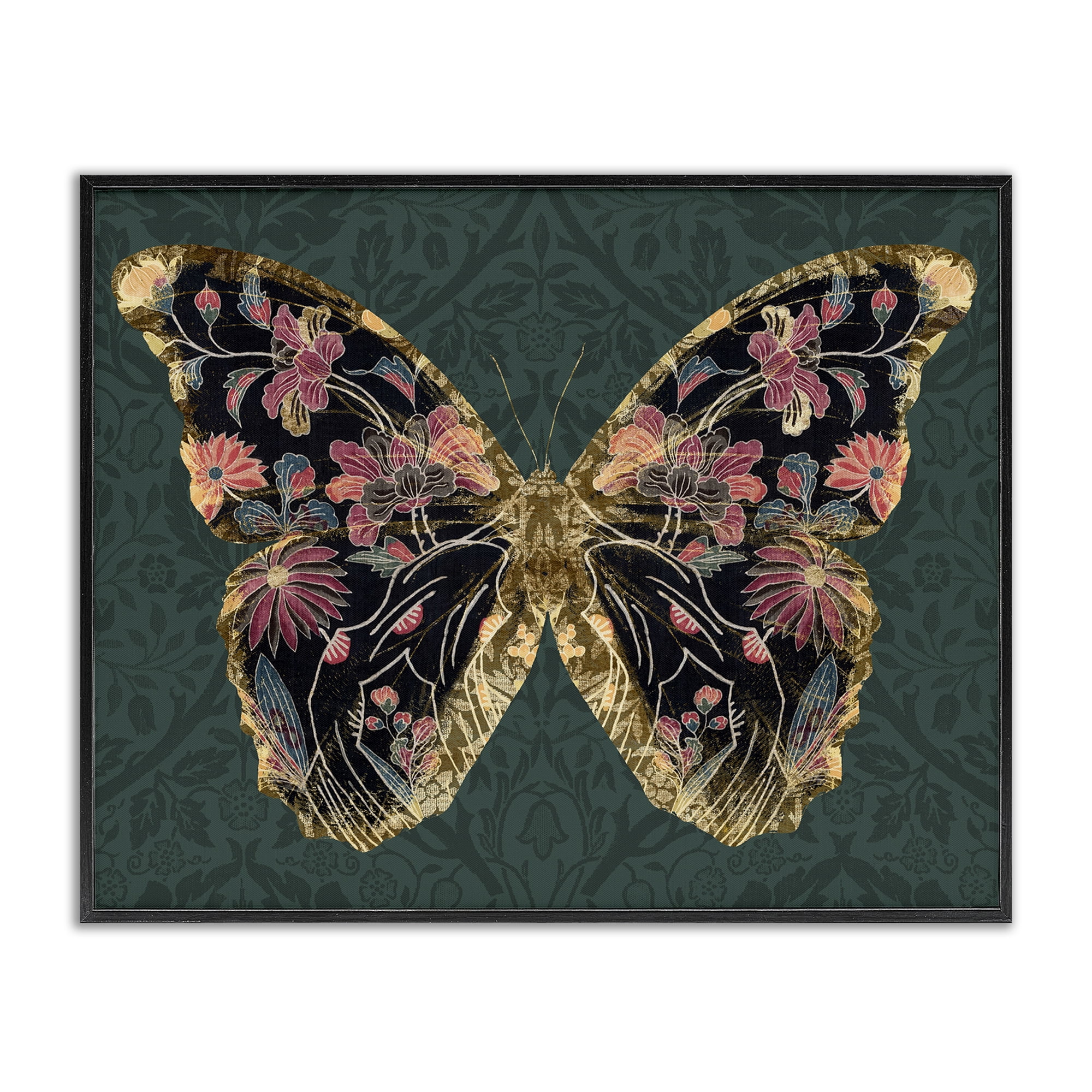 Stupell Industries Botanical Pattern Butterfly Animals & Insects Painting Black Framed Art Print Wall Art, 30 x 24