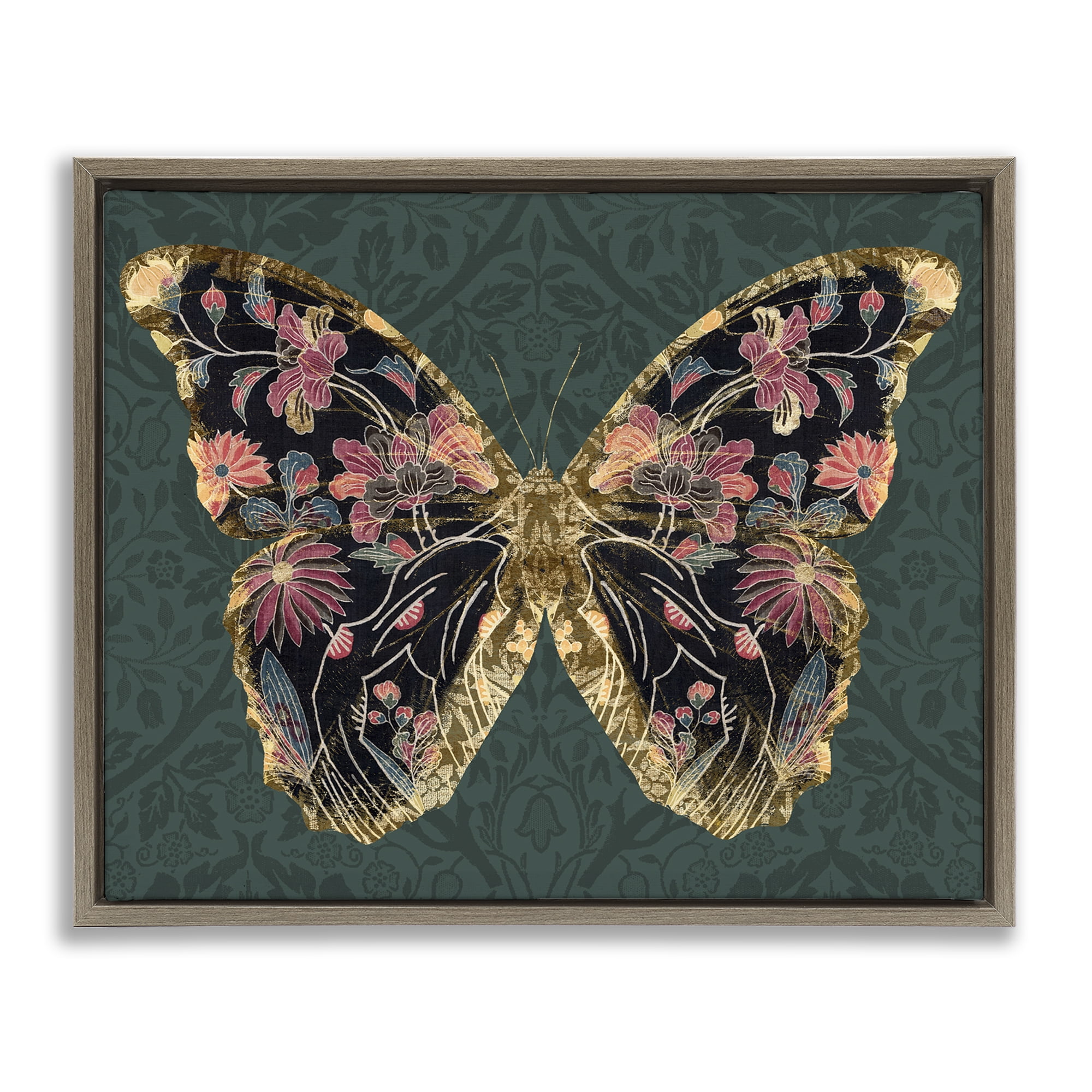 Stupell Industries Botanical Pattern Butterfly Animals & Insects Painting Brown Floater Framed Canvas Art Print Wall Art, 21 x 17
