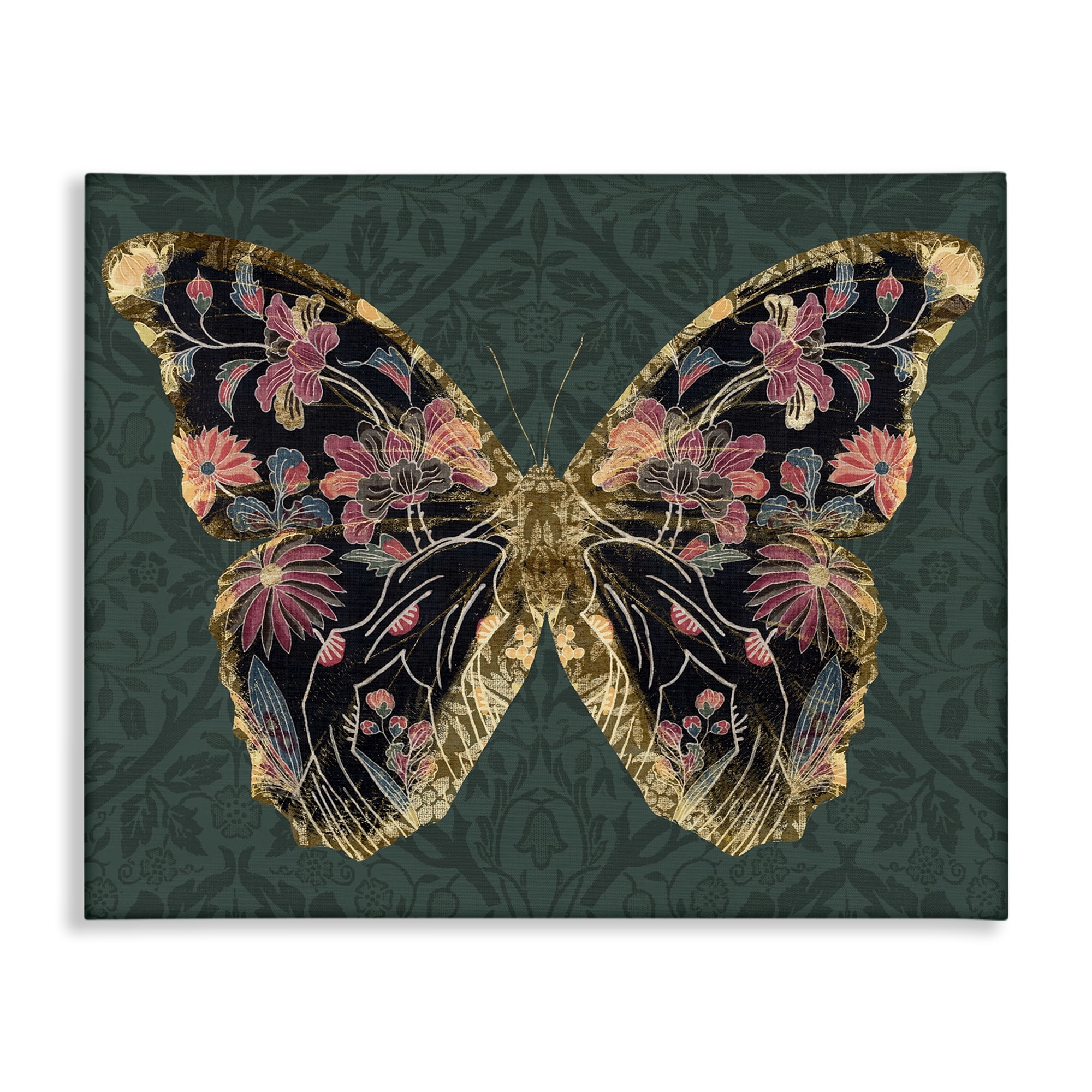Floral Pattern Butterfly Canvas Art in Green and Black, 20 x 16