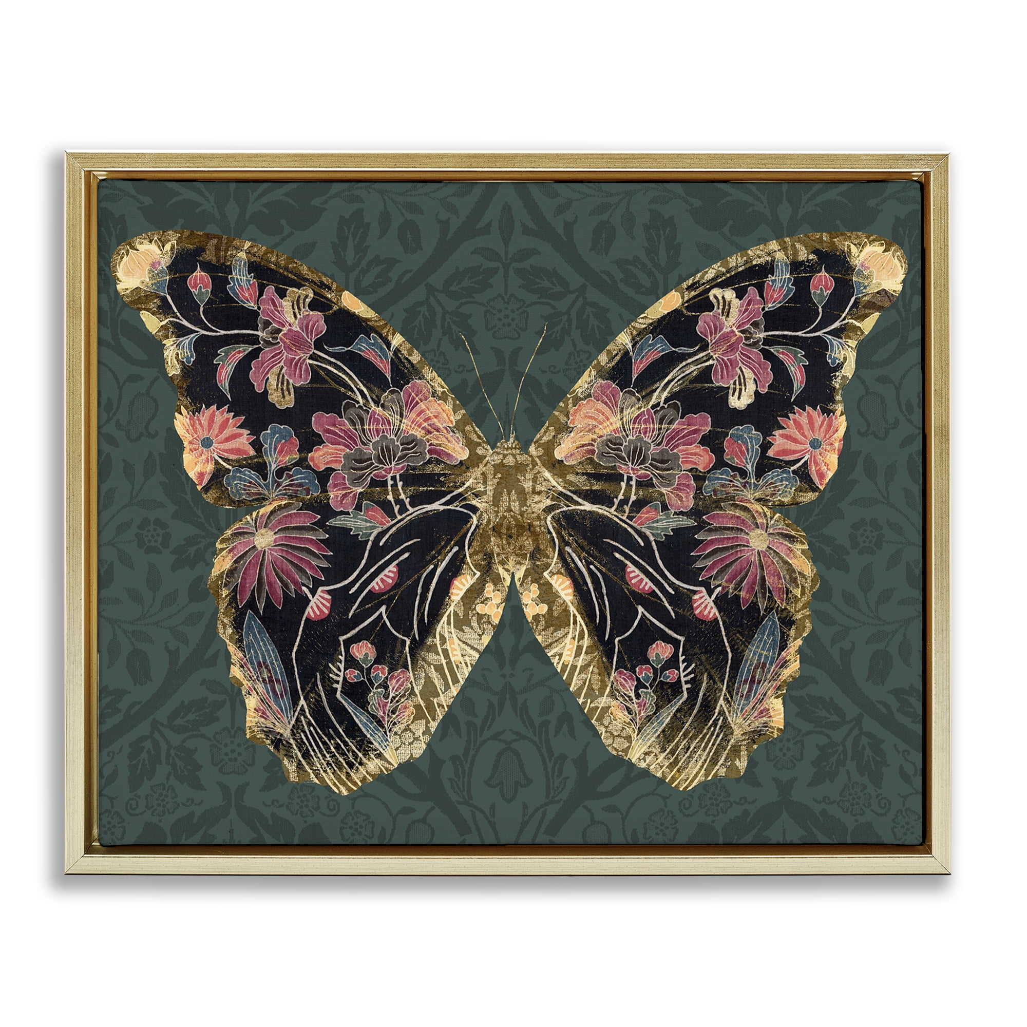Stupell Industries Botanical Pattern Butterfly Animals & Insects Painting Gold Floater Framed Canvas Art Print Wall Art, 21 x 17