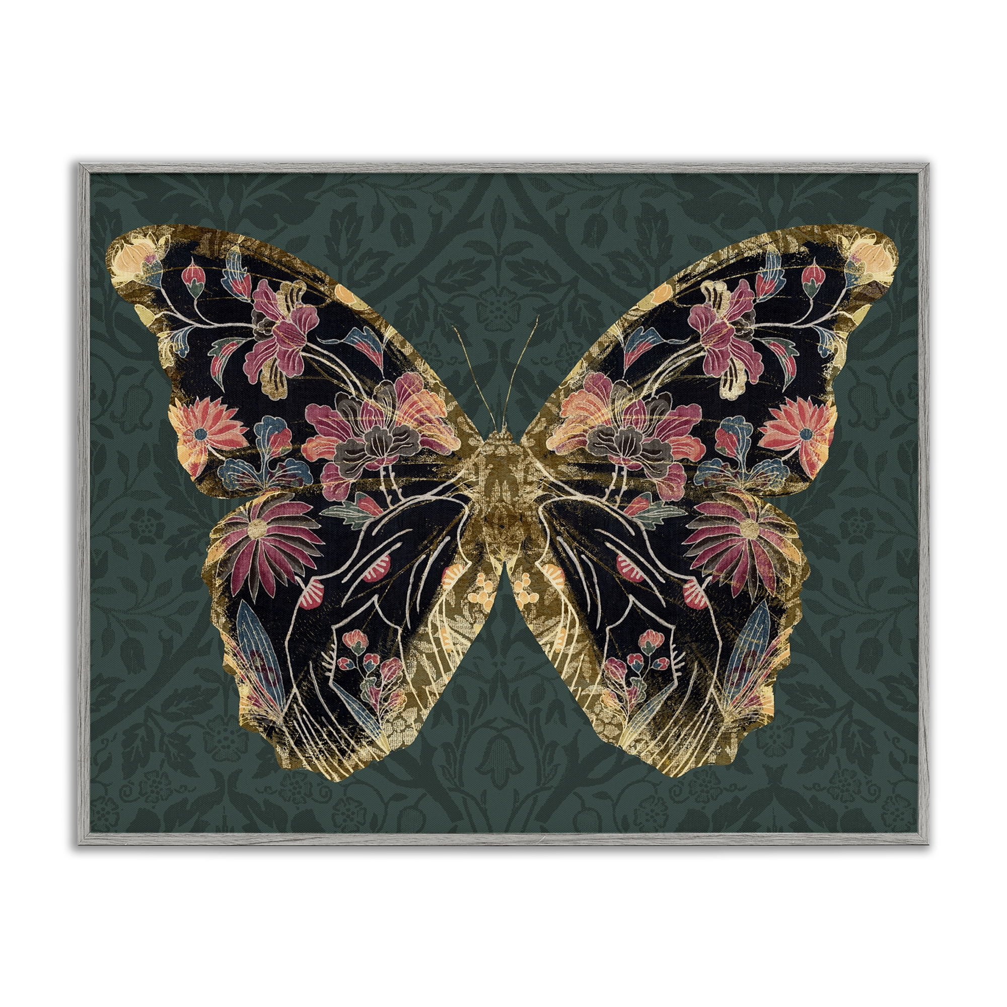 Stupell Industries Botanical Pattern Butterfly Animals & Insects Painting Gray Framed Art Print Wall Art, 14 x 11