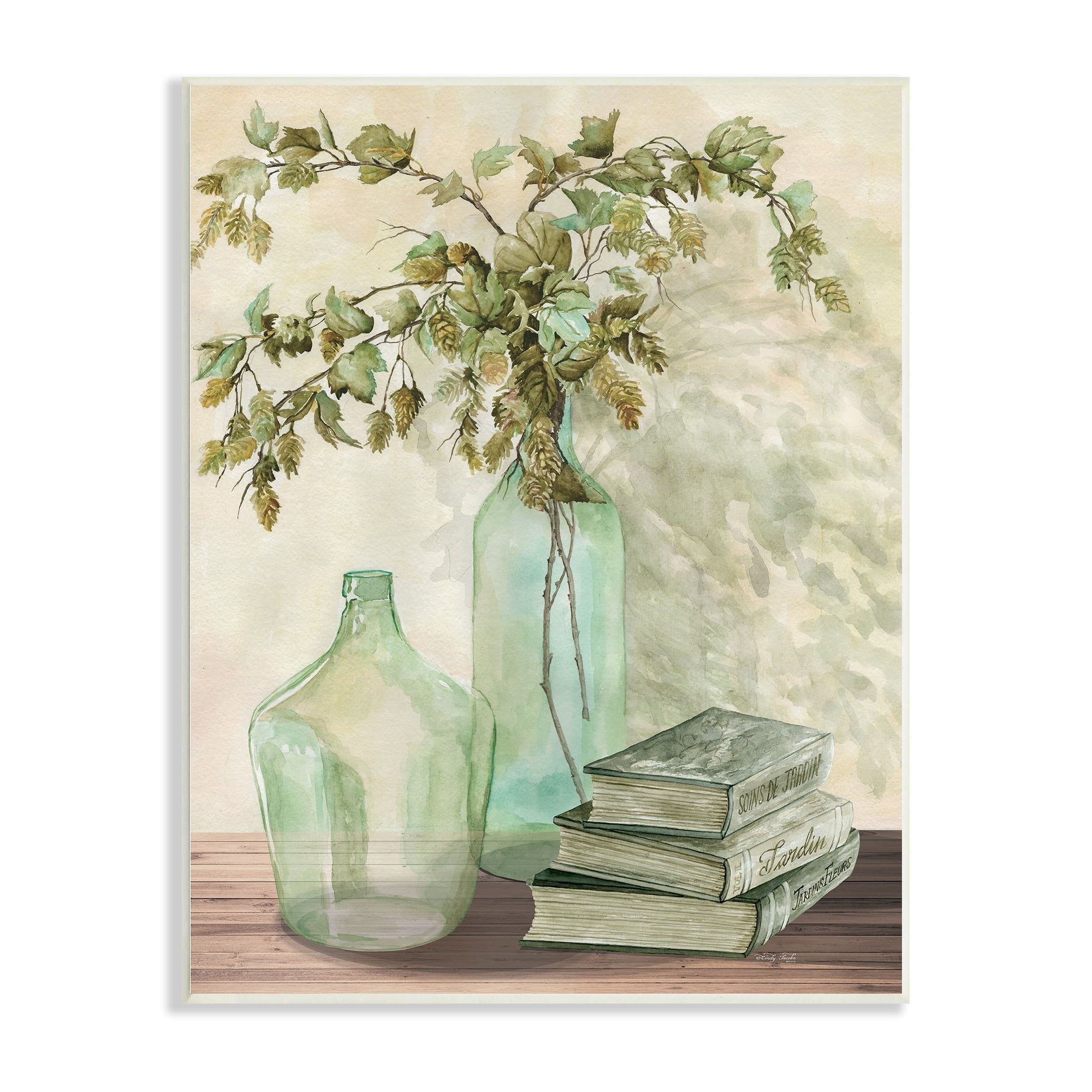 Stupell Industries Botanical Plant Branches Country Vase Tranquil Bookstack,10 x 15, Design by Cindy Jacobs