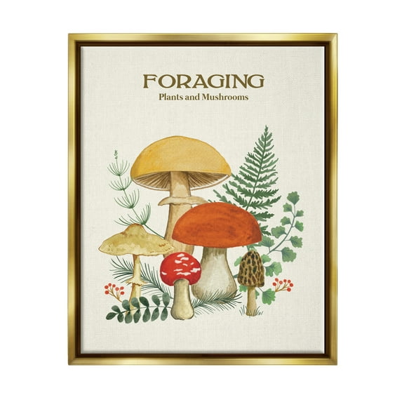 Stupell Industries Botanical Plants & Mushrooms Botanical & Floral Painting Gold Floater Framed Art Print Wall Art, 25 x 31