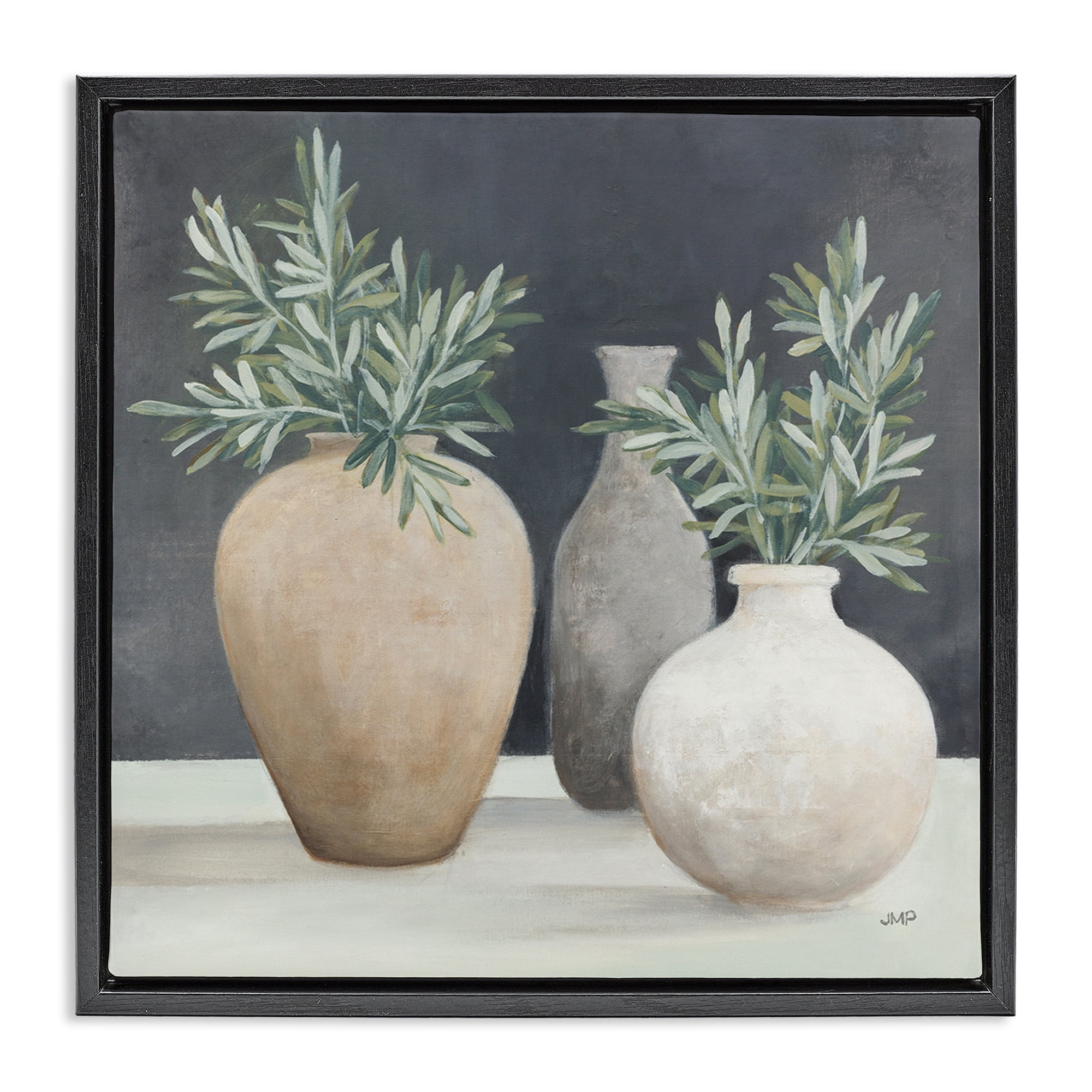 Stupell Industries Botanical Pottery Vessels Plants & Flowers Painting Black Floater Framed Canvas Art Print Wall Art, 18 x 18