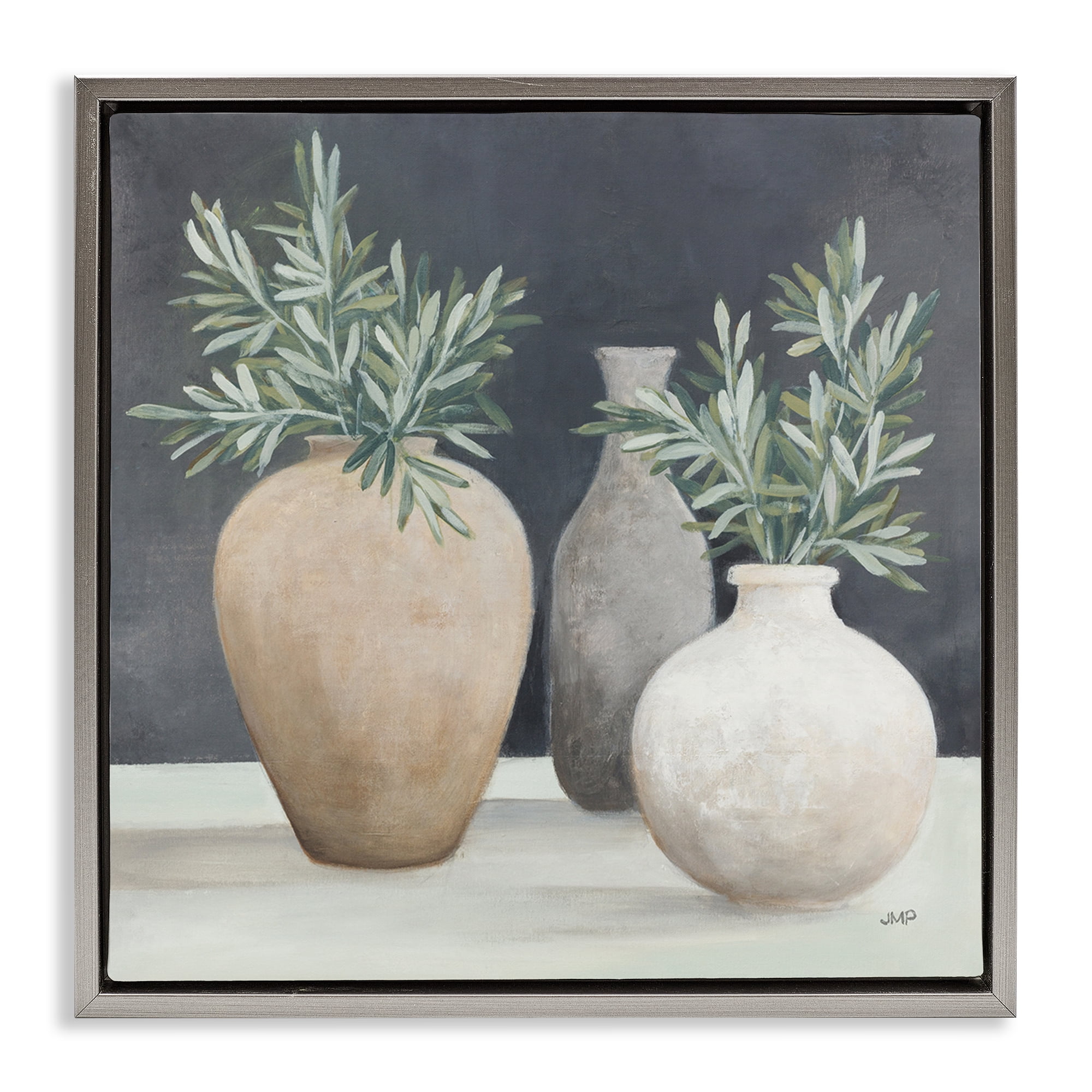 Stupell Industries Botanical Pottery Vessels Plants & Flowers Painting Gray Floater Framed Canvas Art Print Wall Art, 18 x 18