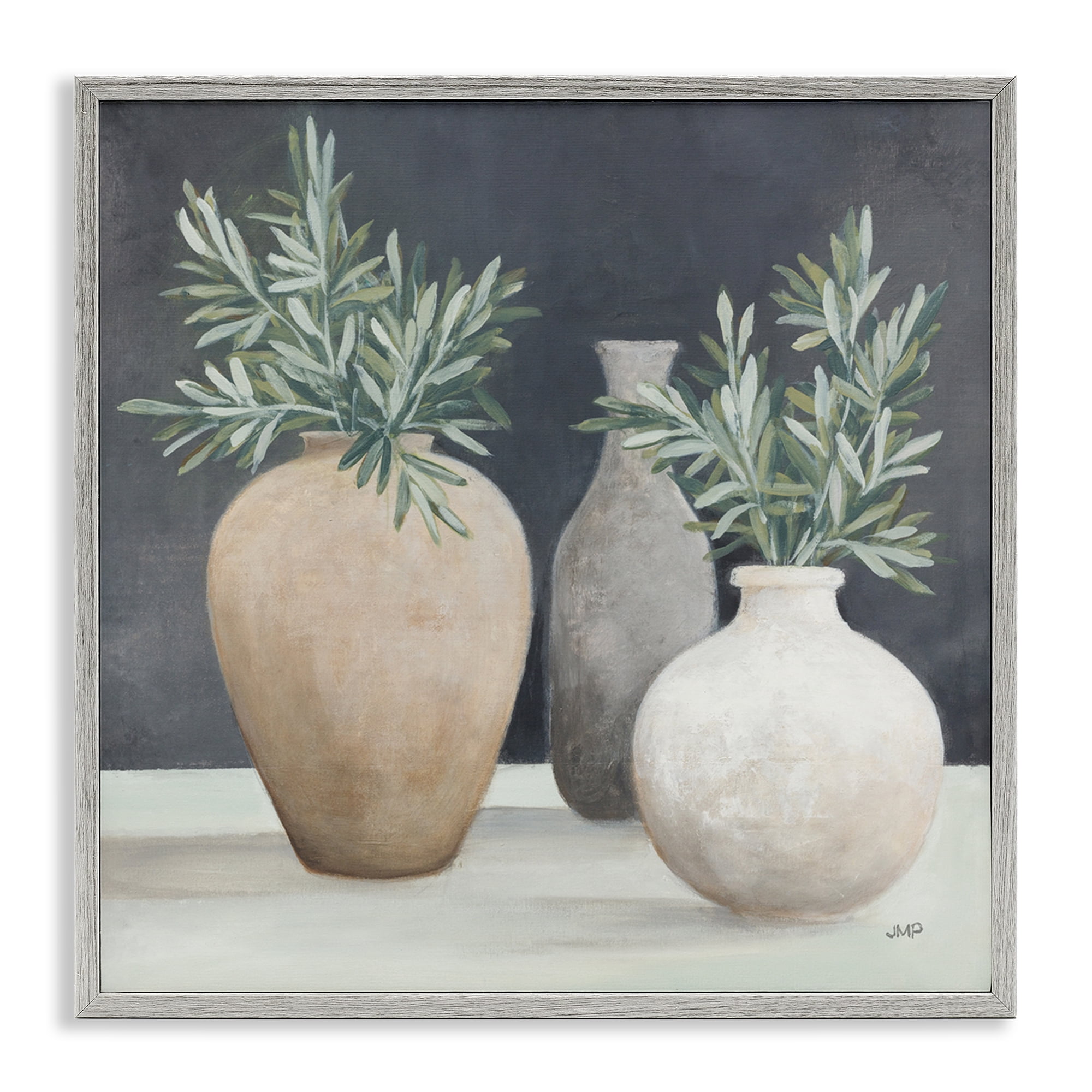 Stupell Industries Botanical Pottery Vessels Plants & Flowers Painting Gray Framed Art Print Wall Art, 17 x 17