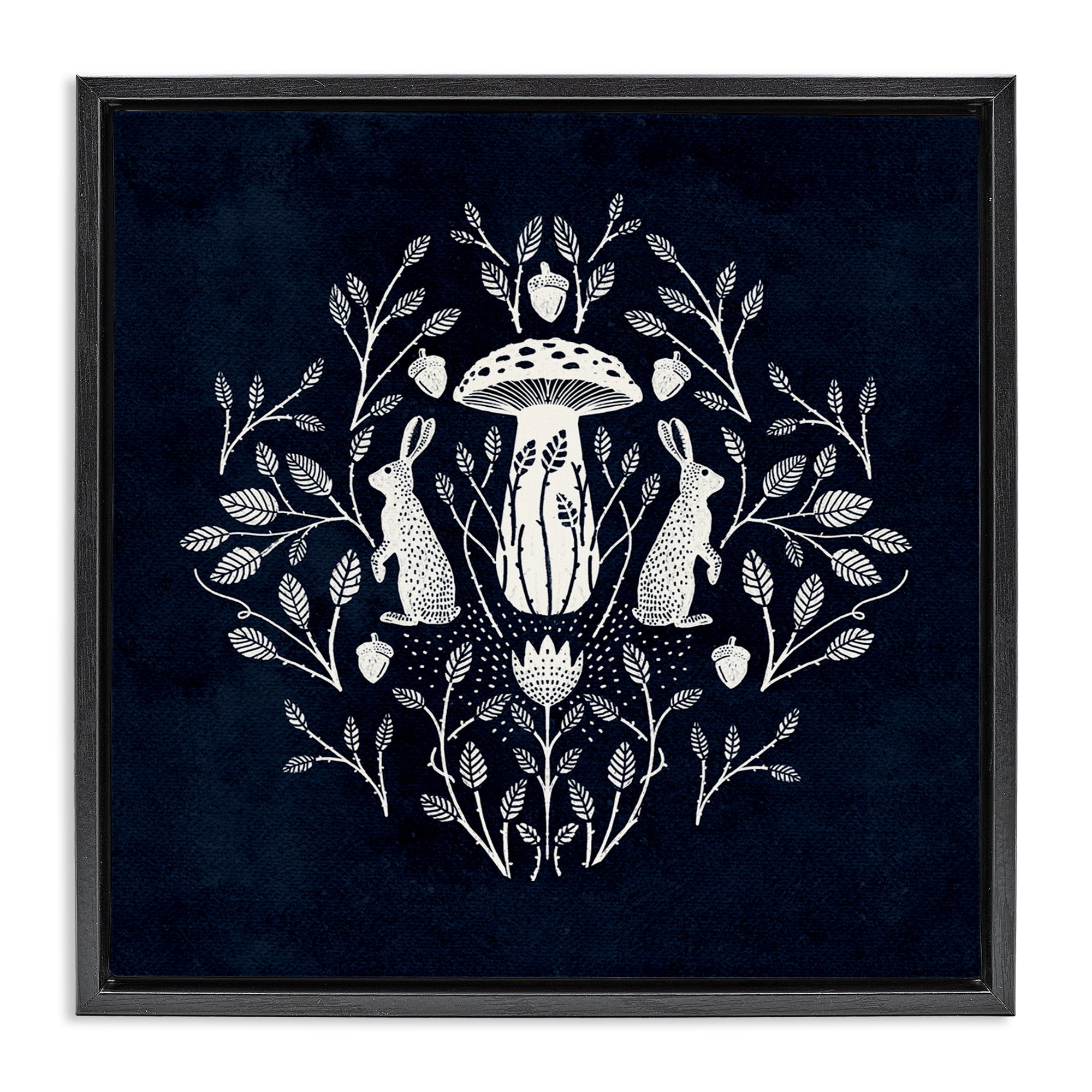 Stupell Industries Botanical Rabbits & Mushroom Plants & Flowers Painting Black Floater Framed Canvas Art Print Wall Art, 25 x 25