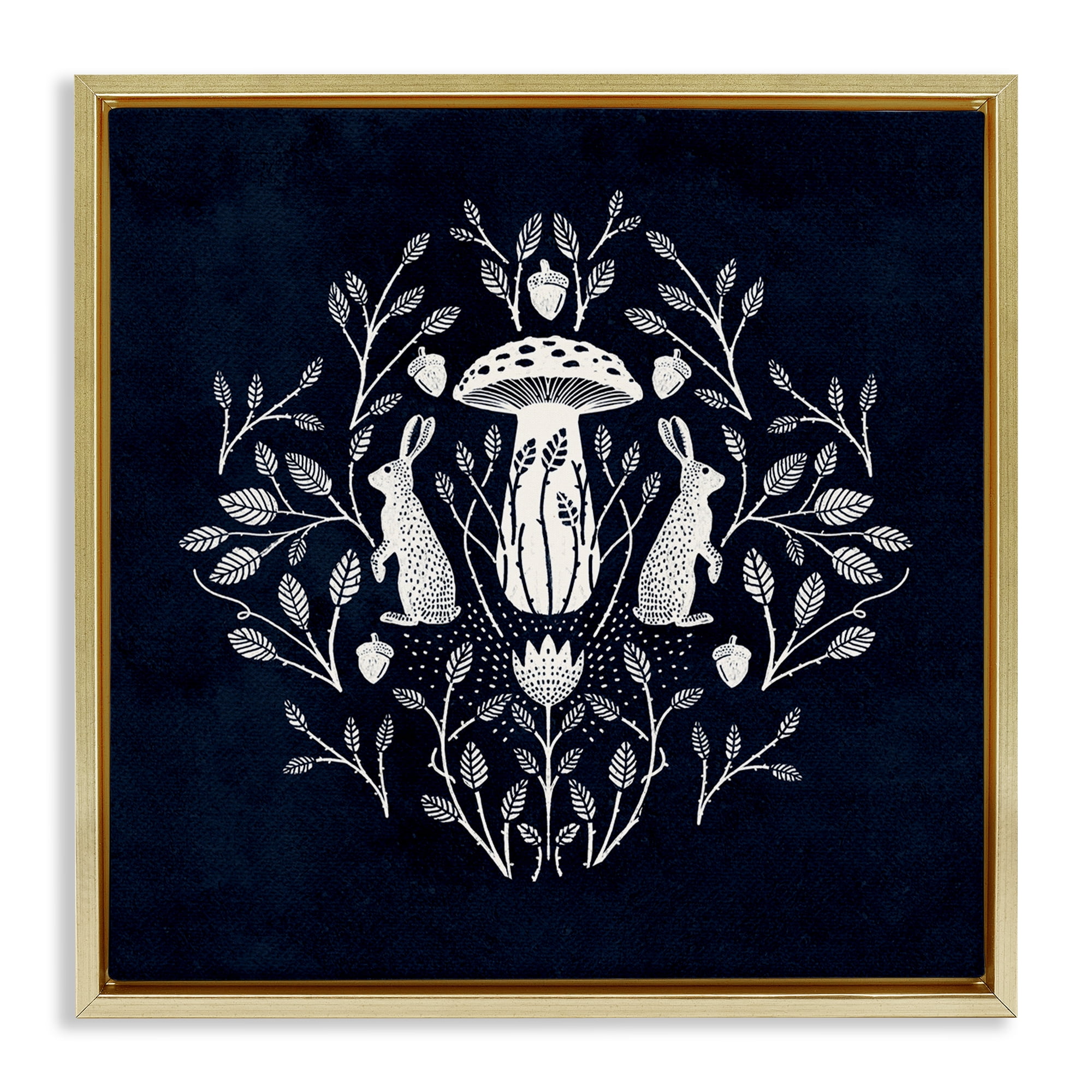Stupell Industries Botanical Rabbits & Mushroom Plants & Flowers Painting Gold Floater Framed Canvas Art Print Wall Art, 18 x 18