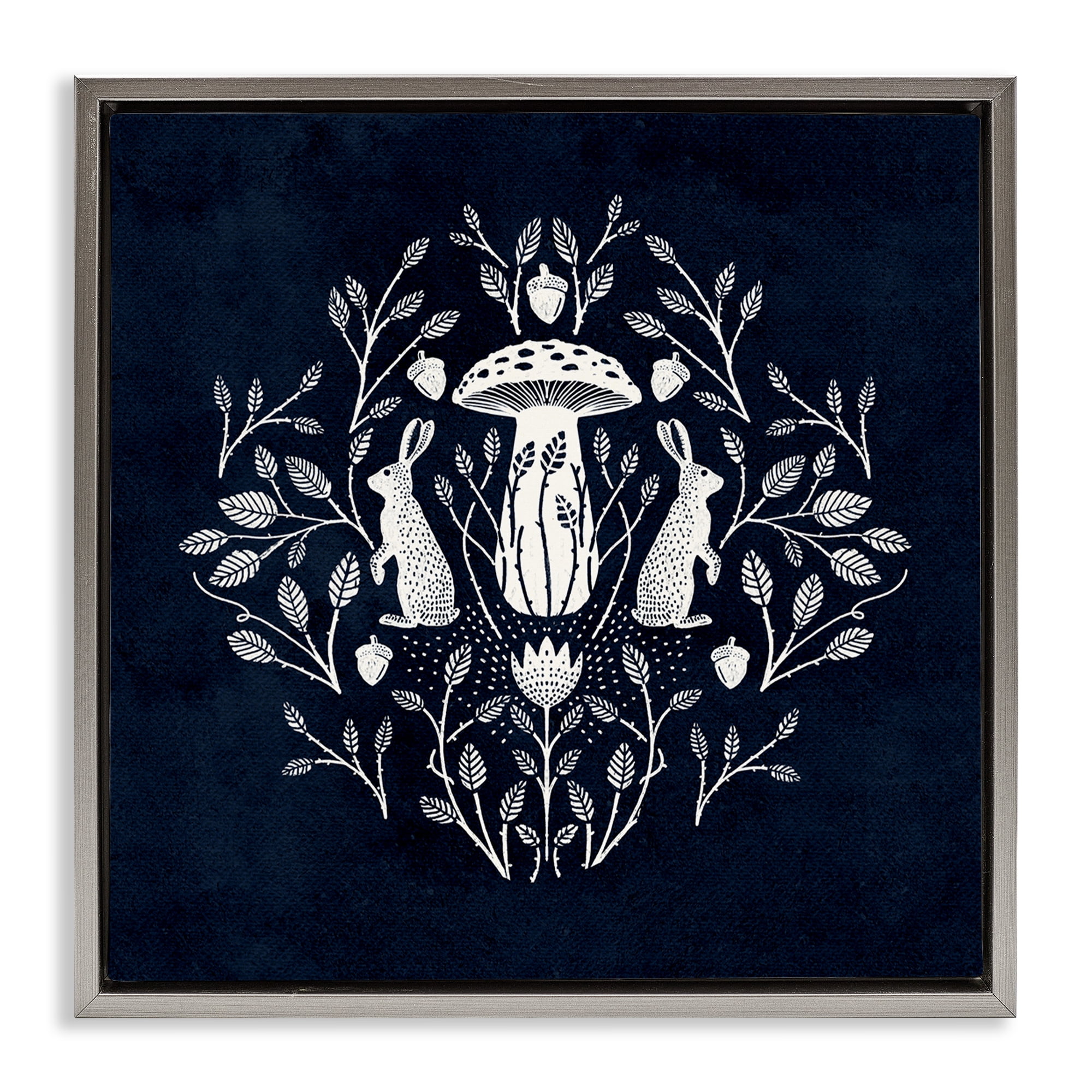 Stupell Industries Botanical Rabbits & Mushroom Plants & Flowers Painting Gray Floater Framed Canvas Art Print Wall Art, 18 x 18