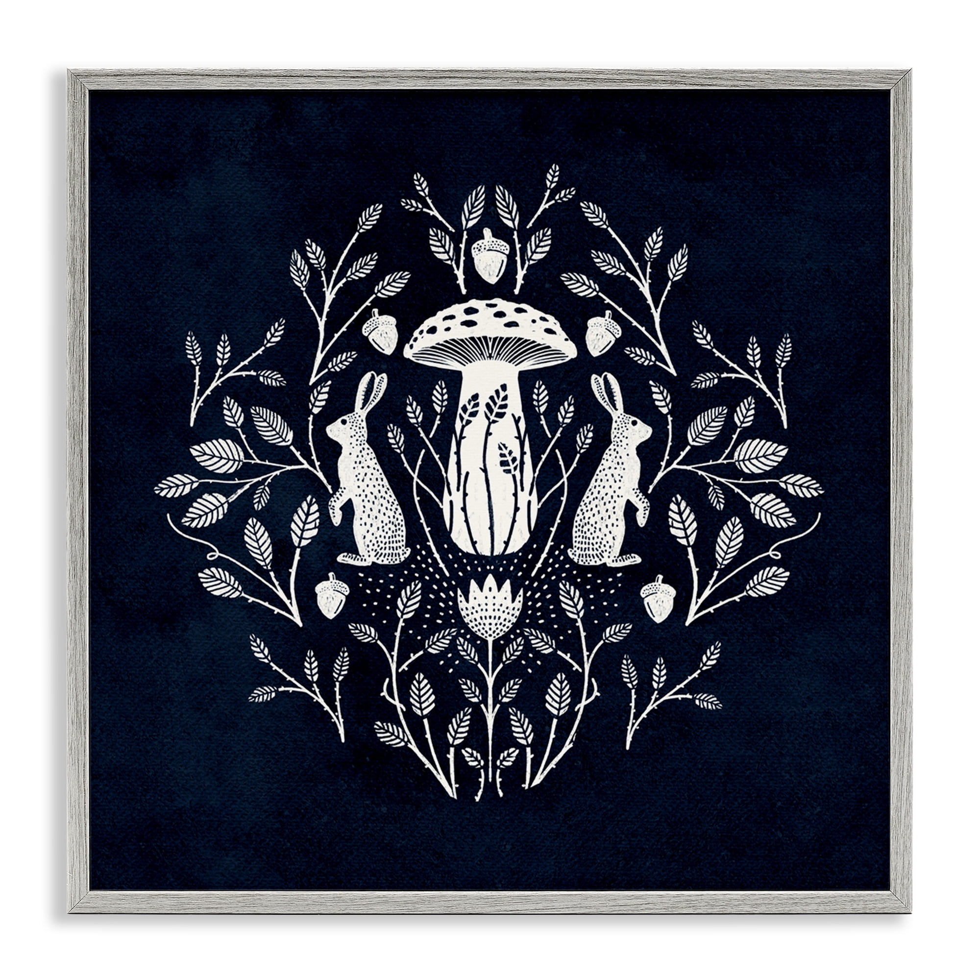 Stupell Industries Botanical Rabbits & Mushroom Plants & Flowers Painting Gray Framed Art Print Wall Art, 17 x 17