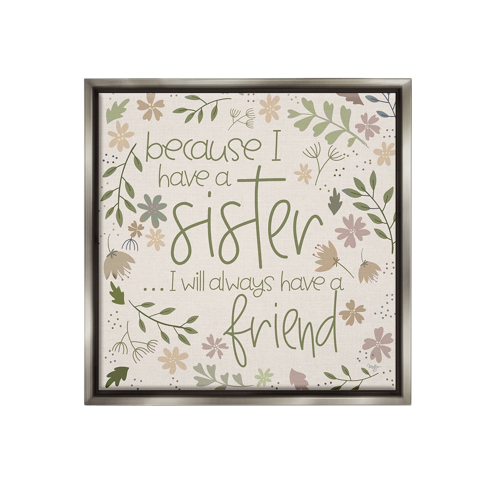 Stupell Industries Botanical Sister Friendship Botanical & Floral Painting Gray Floater Framed Canvas Art Print Wall Art, 18 x 18