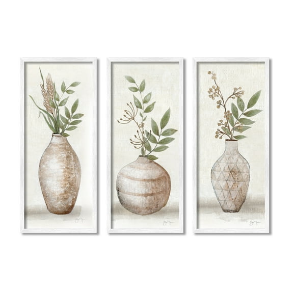 Stupell Industries Botanical Still Life Vase Ikebana Blossoms Arrangement Graphic Art White Framed Art Print Wall Art, Set of 3, Design by Janet Tava