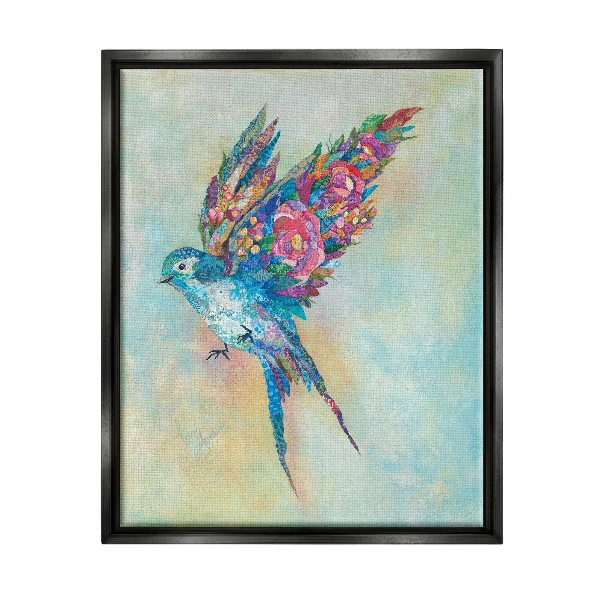 Stupell Industries Botanical Swallow Floral Blossom Wings Bird Painting Painting Jet Black Floating Framed Canvas Print Wall Art, Design by Lisa Morales