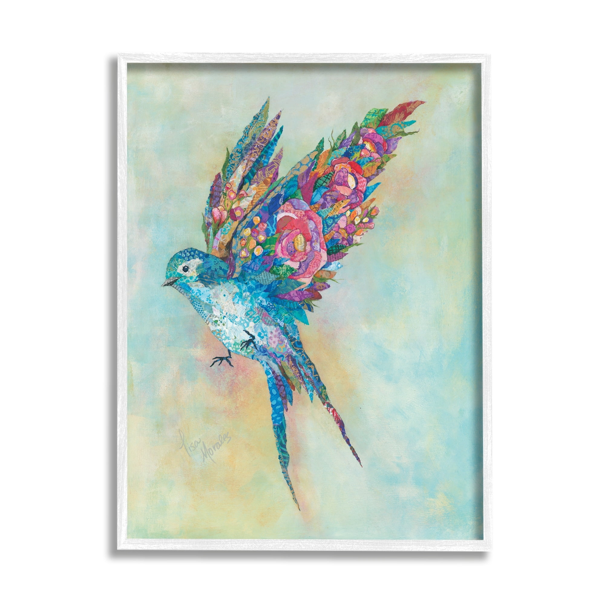 Stupell Industries Botanical Swallow Floral Blossom Wings Bird Painting Painting White Framed Art Print Wall Art, Design by Lisa Morales