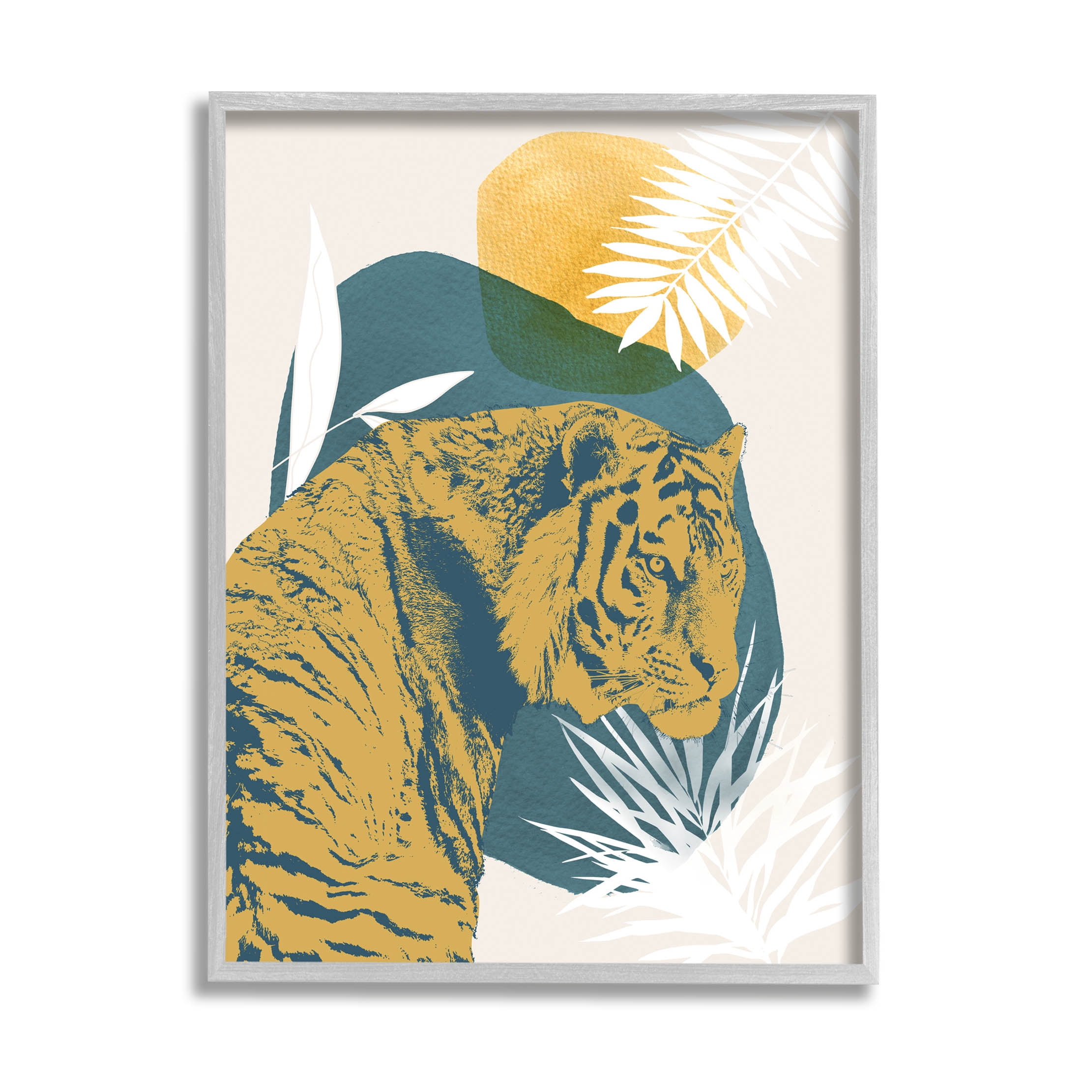 Stupell Industries Botanical Tiger Wildlife Collage Graphic Art Gray Framed Art Print Wall Art, Design by Carol Robinson