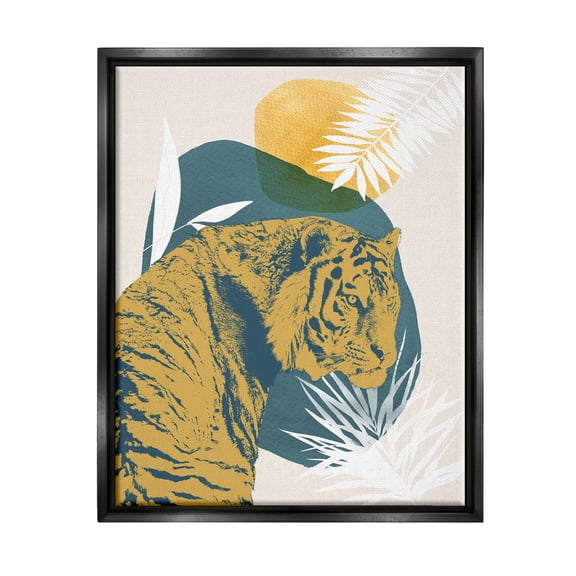 Stupell Industries Botanical Tiger Wildlife Collage Graphic Art Jet Black Floating Framed Canvas Print Wall Art, Design by Carol Robinson