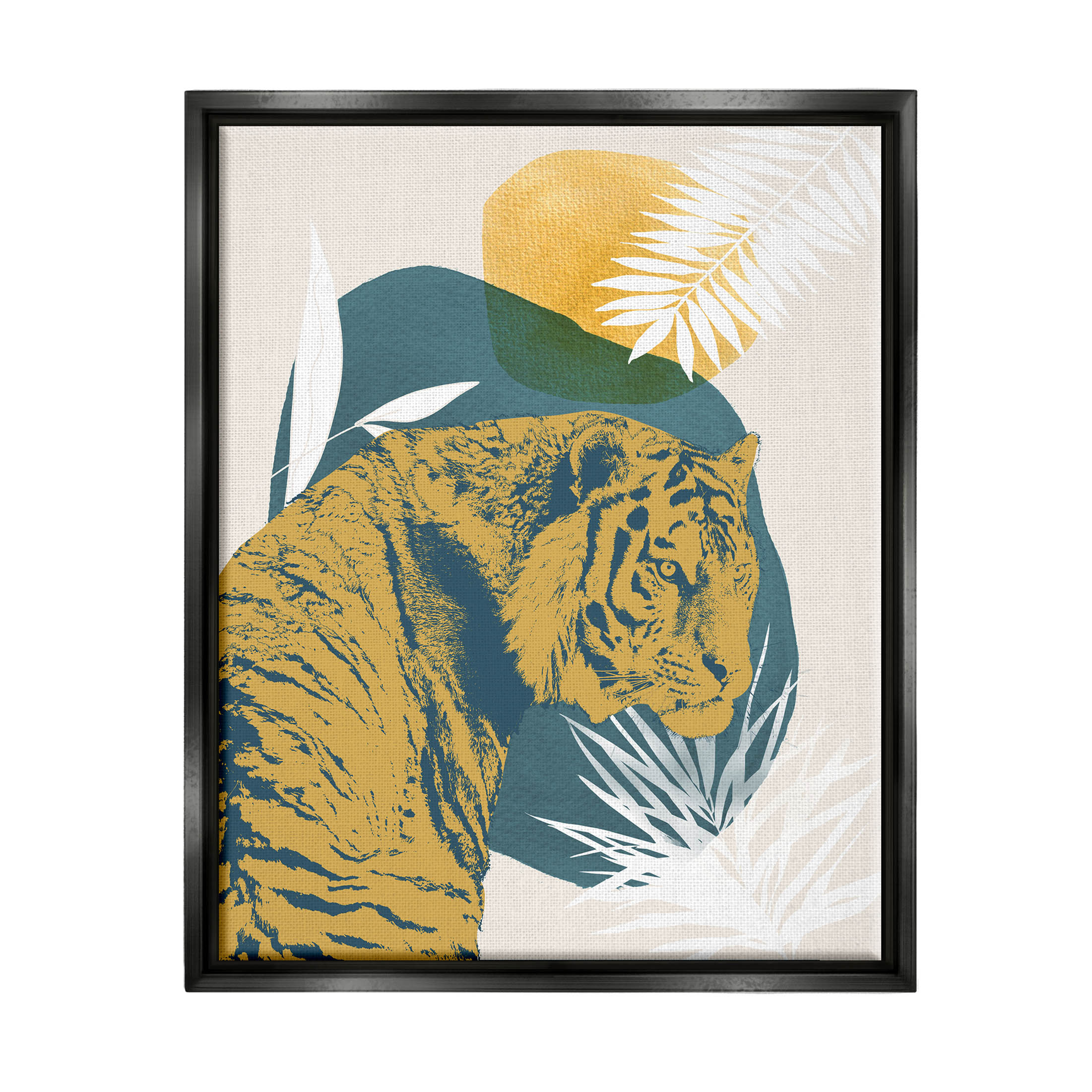 Stupell Industries Botanical Tiger Wildlife Collage Graphic Art Jet Black Floating Framed Canvas Print Wall Art, Design by Carol Robinson