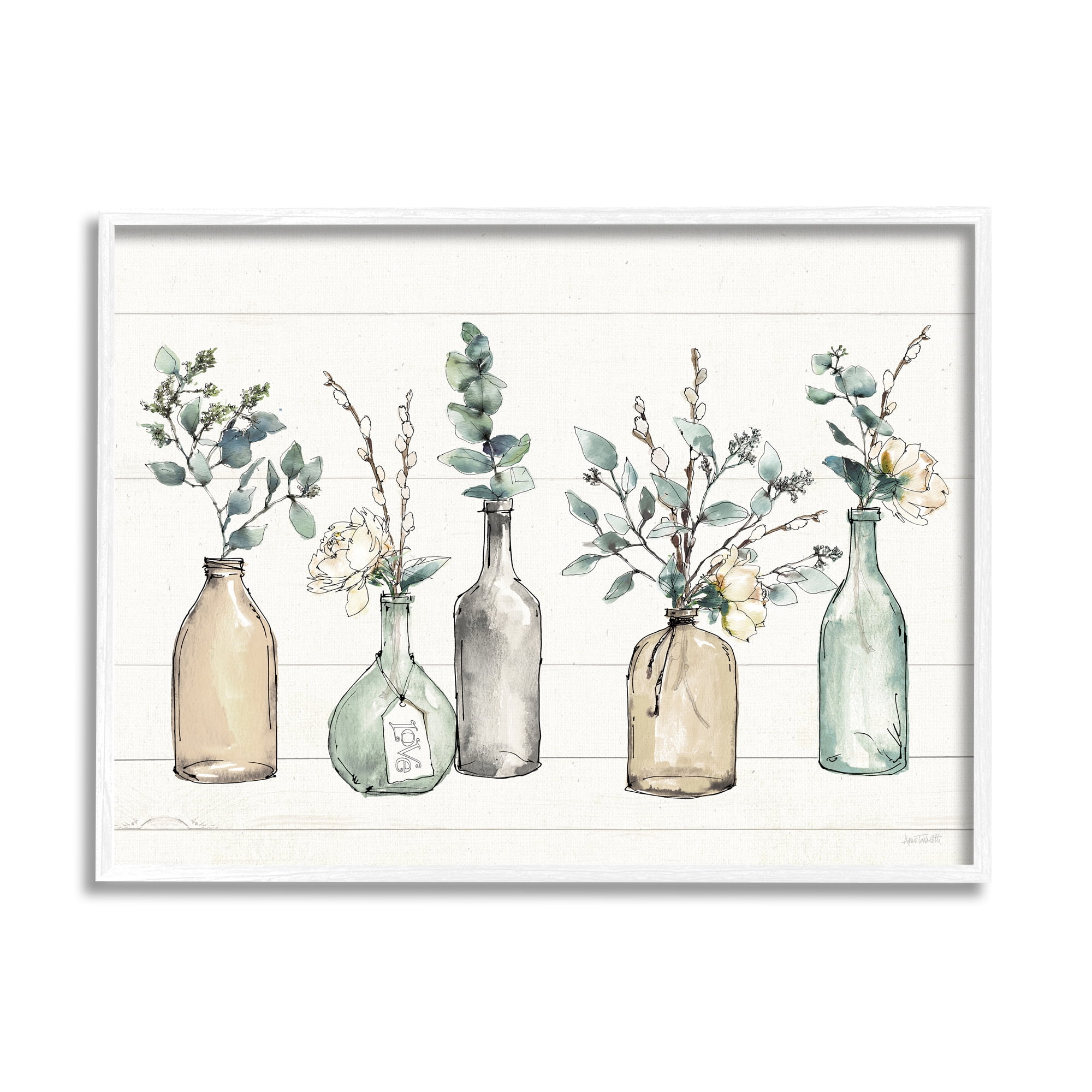 White Framed Farmhouse Bottles and Plants Graphic Art Print, 24x30