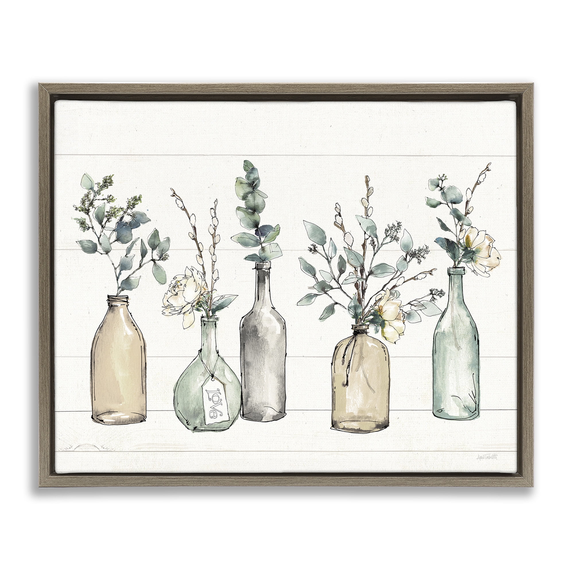 Stupell Industries Bottles And Plants Vases Botanical & Floral Painting Brown Floater Framed Canvas Art Print Wall Art, 21 x 17