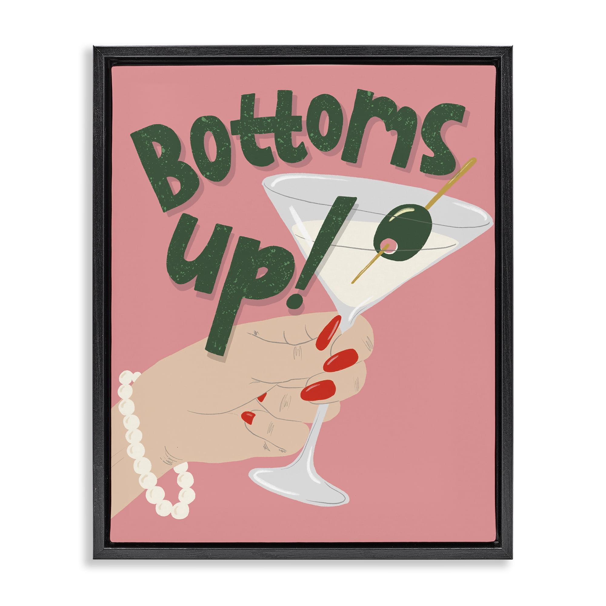 Stupell Industries Bottoms Up with Martini Food & Beverage Painting Black Floater Framed Canvas Art Print Wall Art, 17 x 21