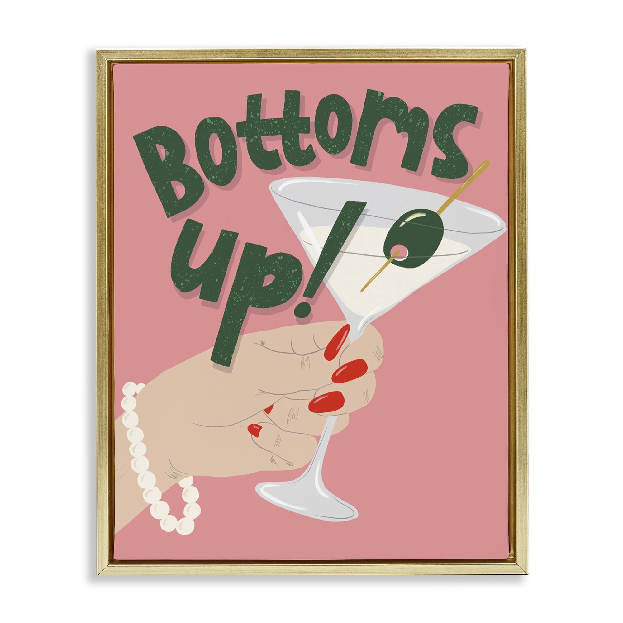 Stupell Industries Bottoms Up with Martini Food & Beverage Painting Gold Floater Framed Canvas Art Print Wall Art, 17 x 21