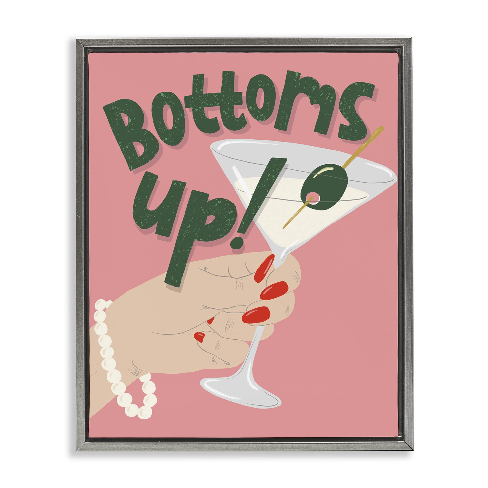 Stupell Industries Bottoms Up with Martini Food & Beverage Painting Gray Floater Framed Canvas Art Print Wall Art, 25 x 31
