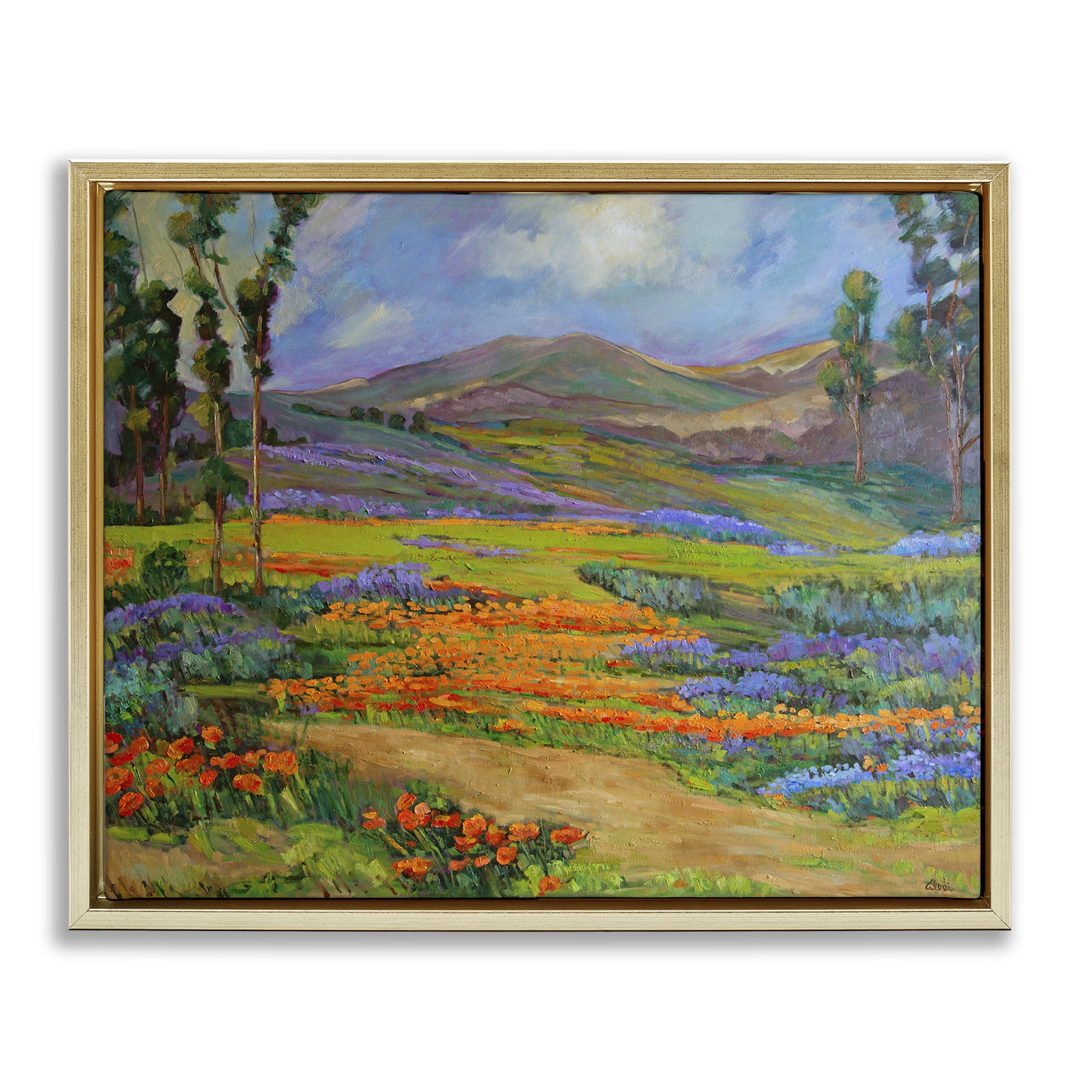 Stupell Industries Bountiful Meadow Landscape Landscape & Nature Painting Gold Floater Framed Canvas Art Print Wall Art, 21 x 17