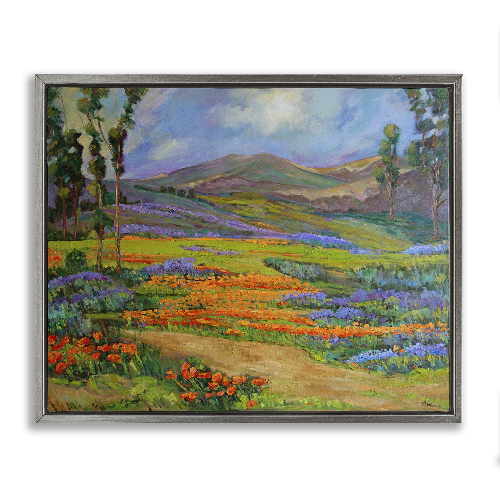 Stupell Industries Bountiful Meadow Landscape Landscape & Nature Painting Gray Floater Framed Canvas Art Print Wall Art, 21 x 17