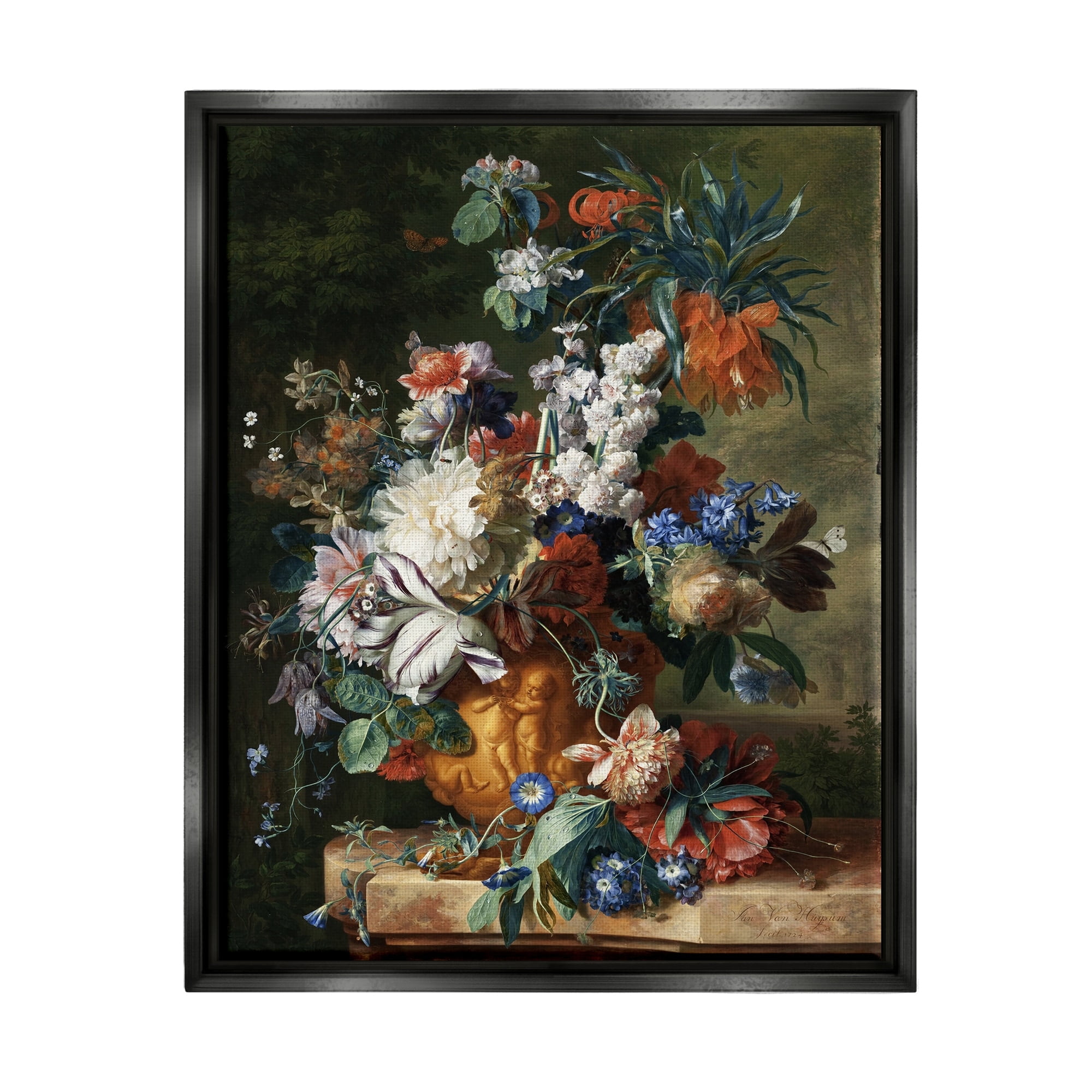 Stupell Industries Bouquet of Flowers in Urn Jan van Huysum Painting Painting Jet Black Floating Framed Canvas Print Wall Art, Design by one1000paintings