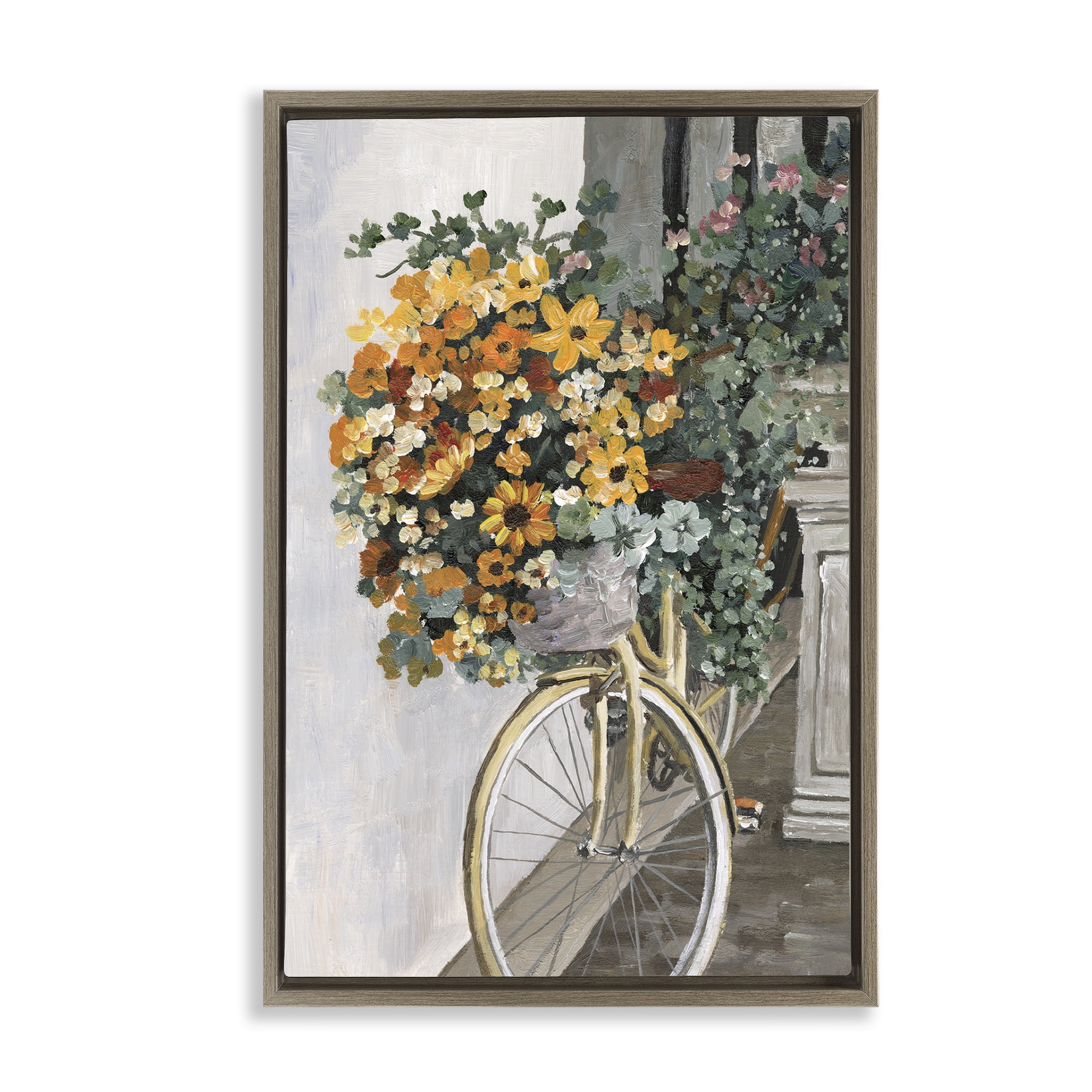 Stupell Industries Bouquet on Bicycle Botanical & Floral Painting Brown Floater Framed Art Print Wall Art, 21 x 31