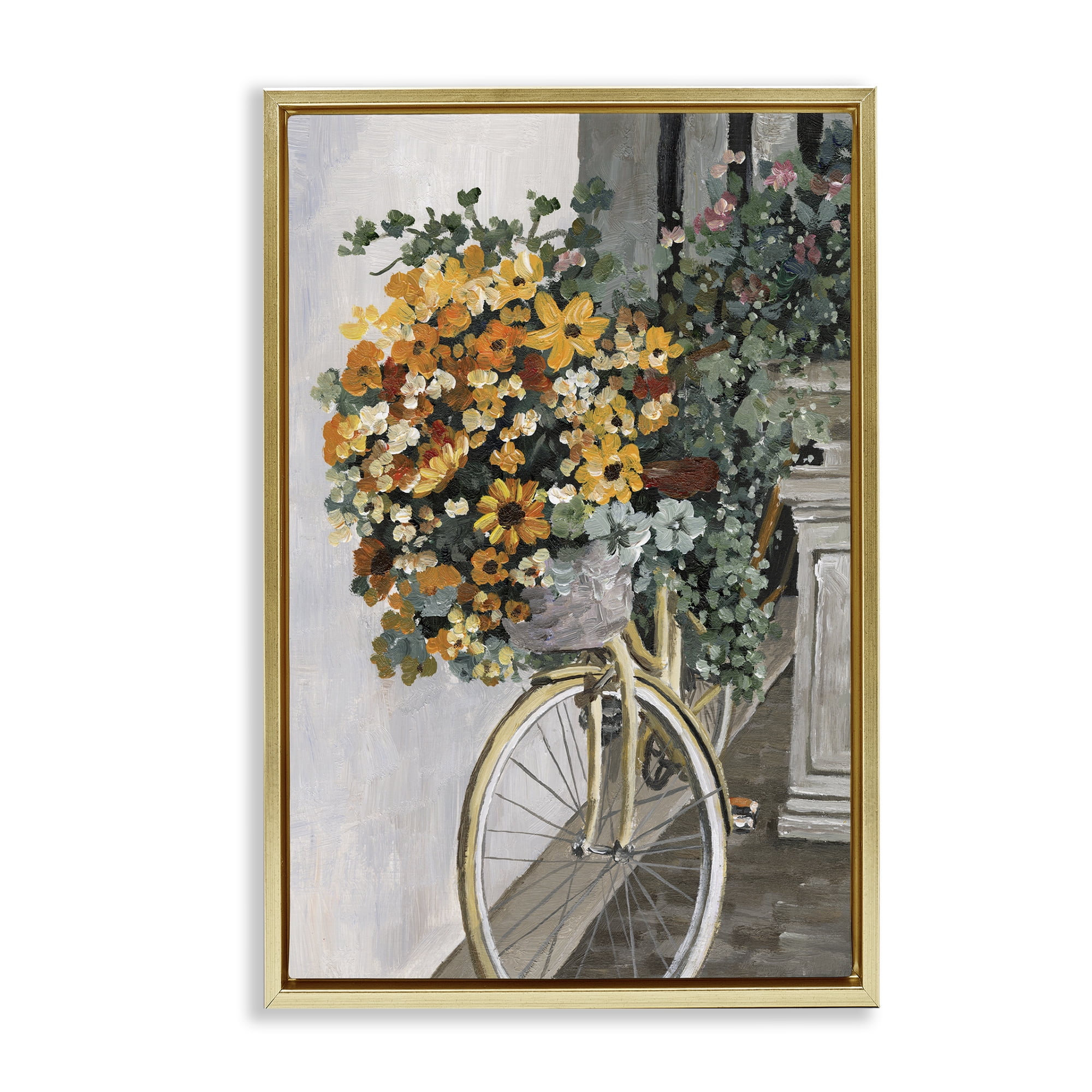 Stupell Industries Bouquet on Bicycle Botanical & Floral Painting Gold Floater Framed Art Print Wall Art, 21 x 31