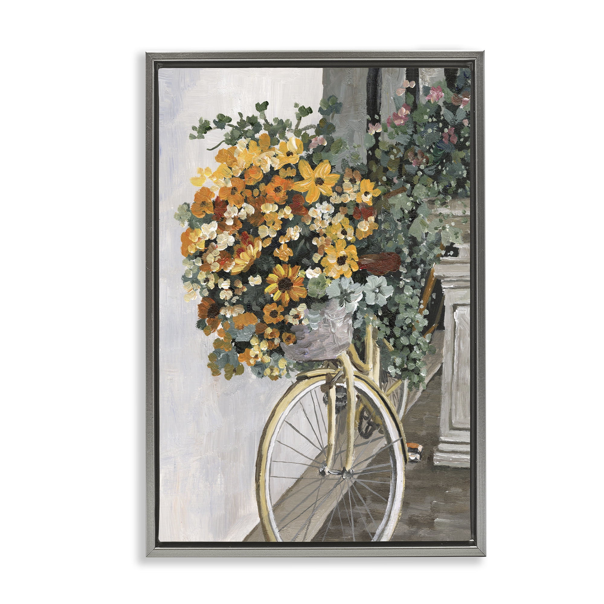 Stupell Industries Bouquet on Bicycle Botanical & Floral Painting Gray Floater Framed Art Print Wall Art, 17 x 25