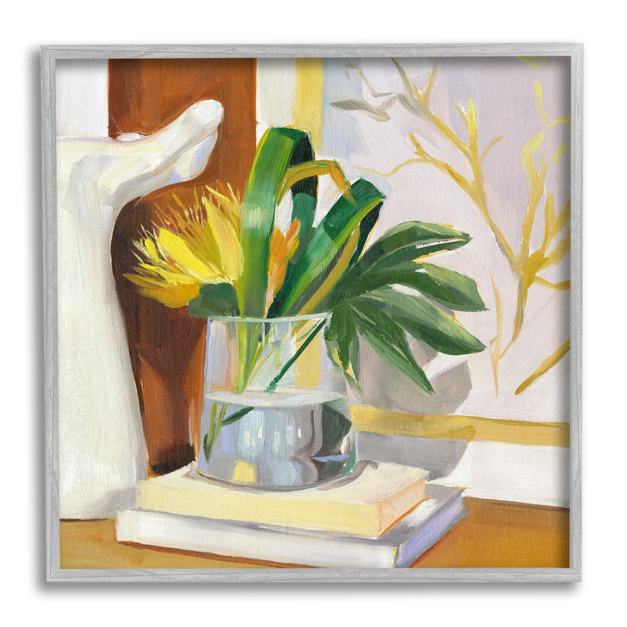 Stupell Industries Bouquet on Books Painting Botanical & Floral Painting Gray Framed Art Print Wall Art, 12 x 12