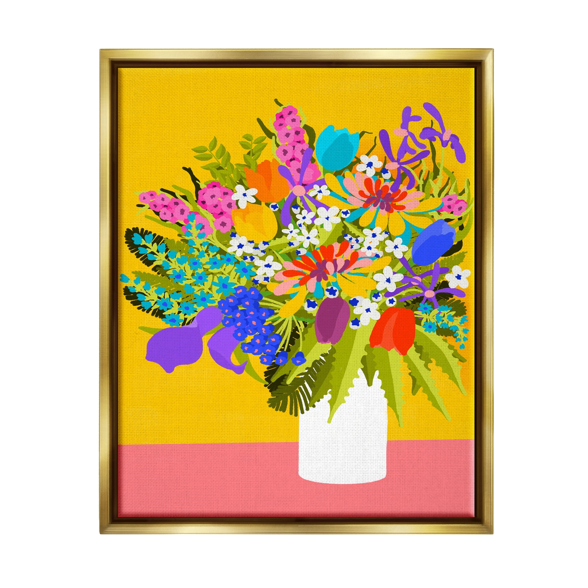 Stupell Industries Bouquet on Yellow Botanical & Floral Painting Gold Floater Framed Canvas Art Print Wall Art, 17 x 21
