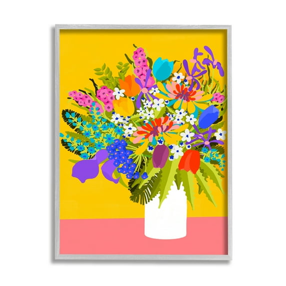 Stupell Industries Bouquet on Yellow Botanical & Floral Painting Gray Framed Art Print Wall Art, 16 x 20