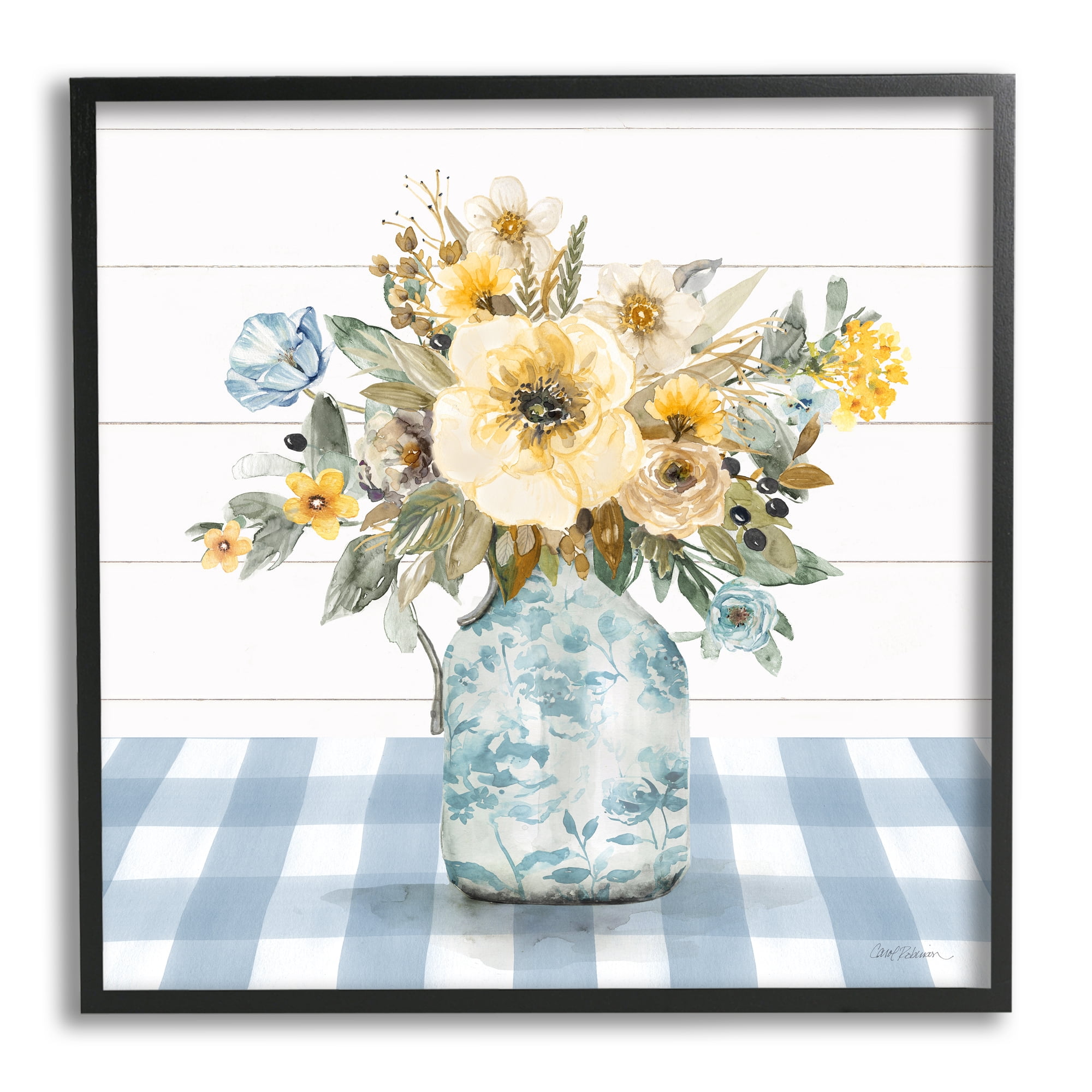 Stupell Industries Bouquet with Blue Plaid Botanical & Floral Painting Black Framed Art Print Wall Art, 12 x 12