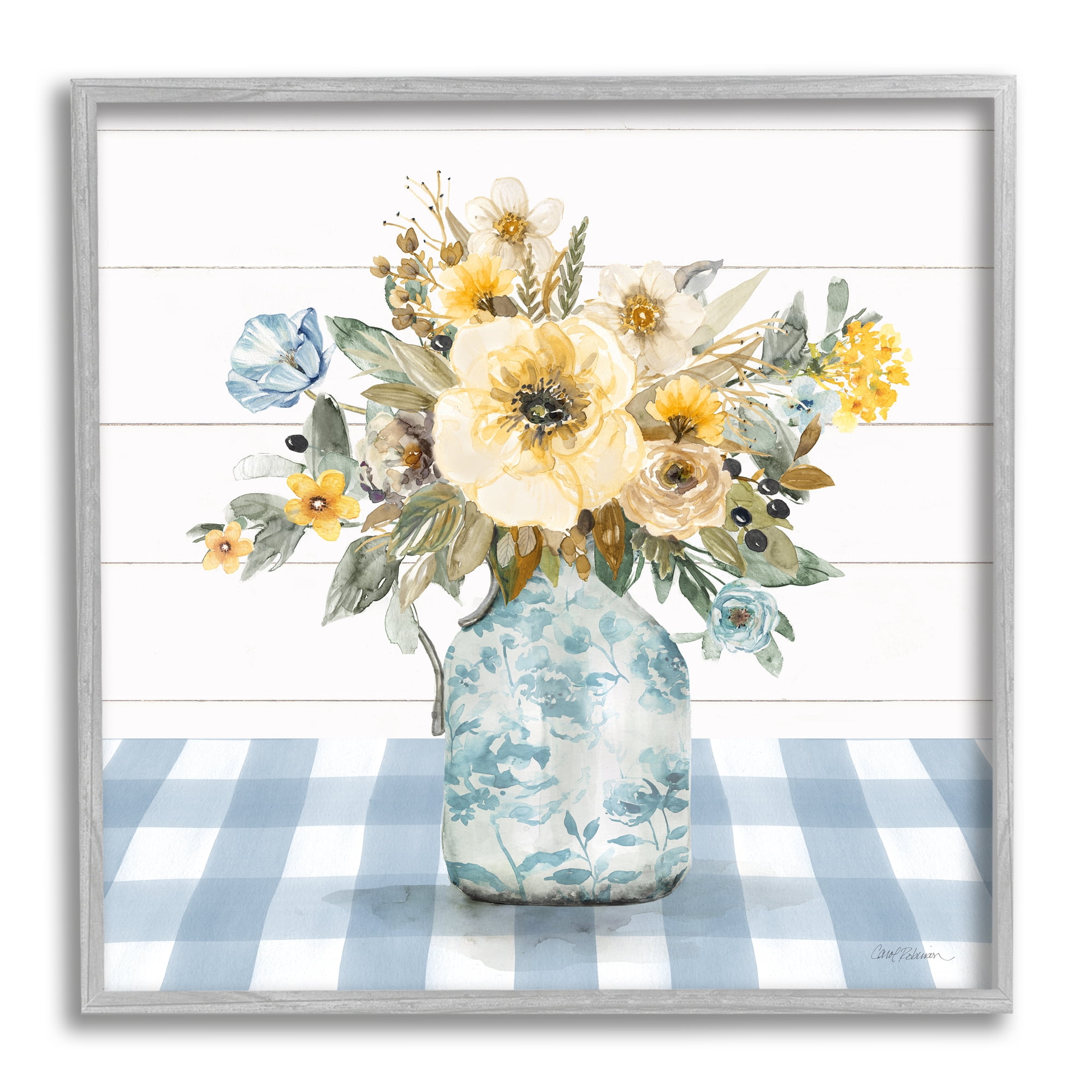 Stupell Industries Bouquet with Blue Plaid Botanical & Floral Painting Gray Framed Art Print Wall Art, 17 x 17