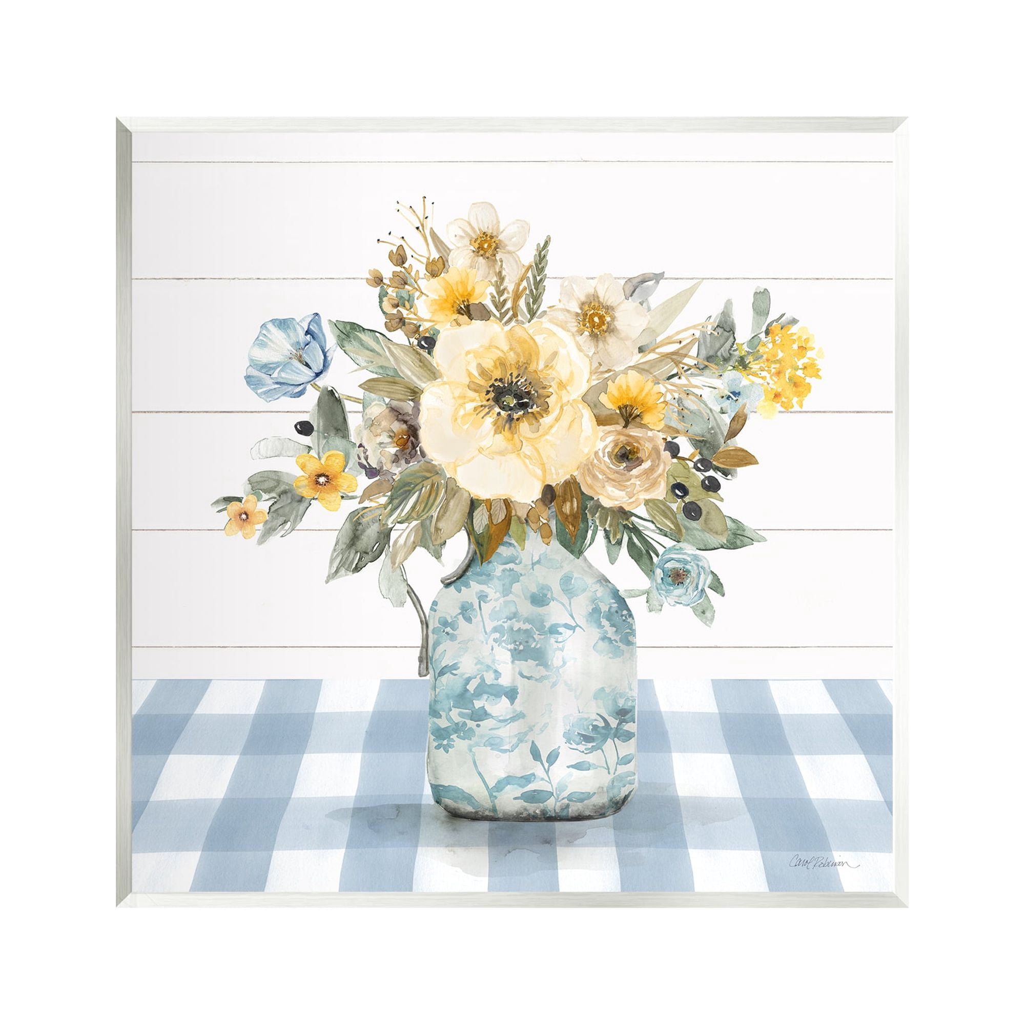 Stupell Industries Bouquet with Blue Plaid Botanical & Floral Painting Unframed Art Print Wall Art, 12 x 12
