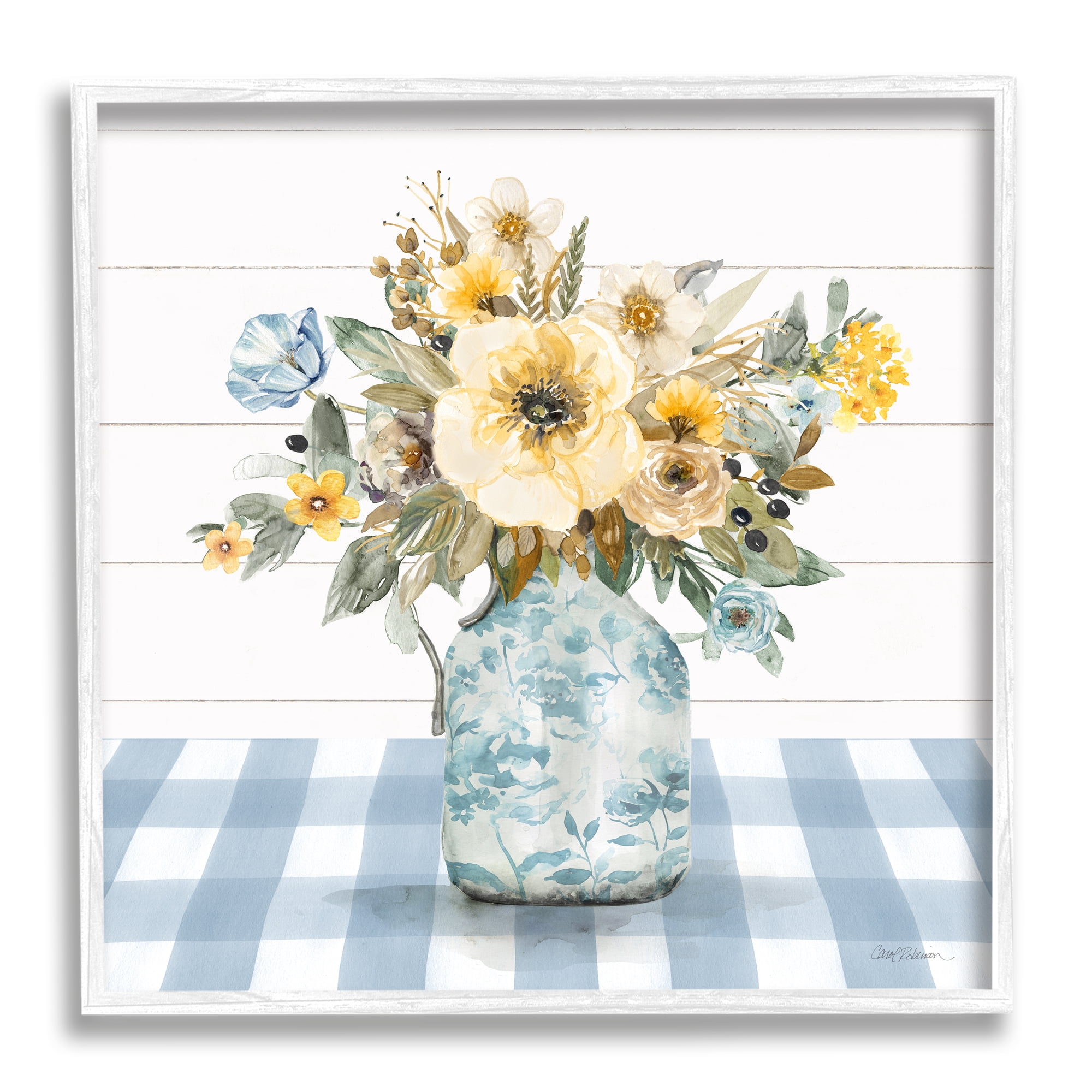 Stupell Industries Bouquet with Blue Plaid Botanical & Floral Painting White Framed Art Print Wall Art, 12 x 12