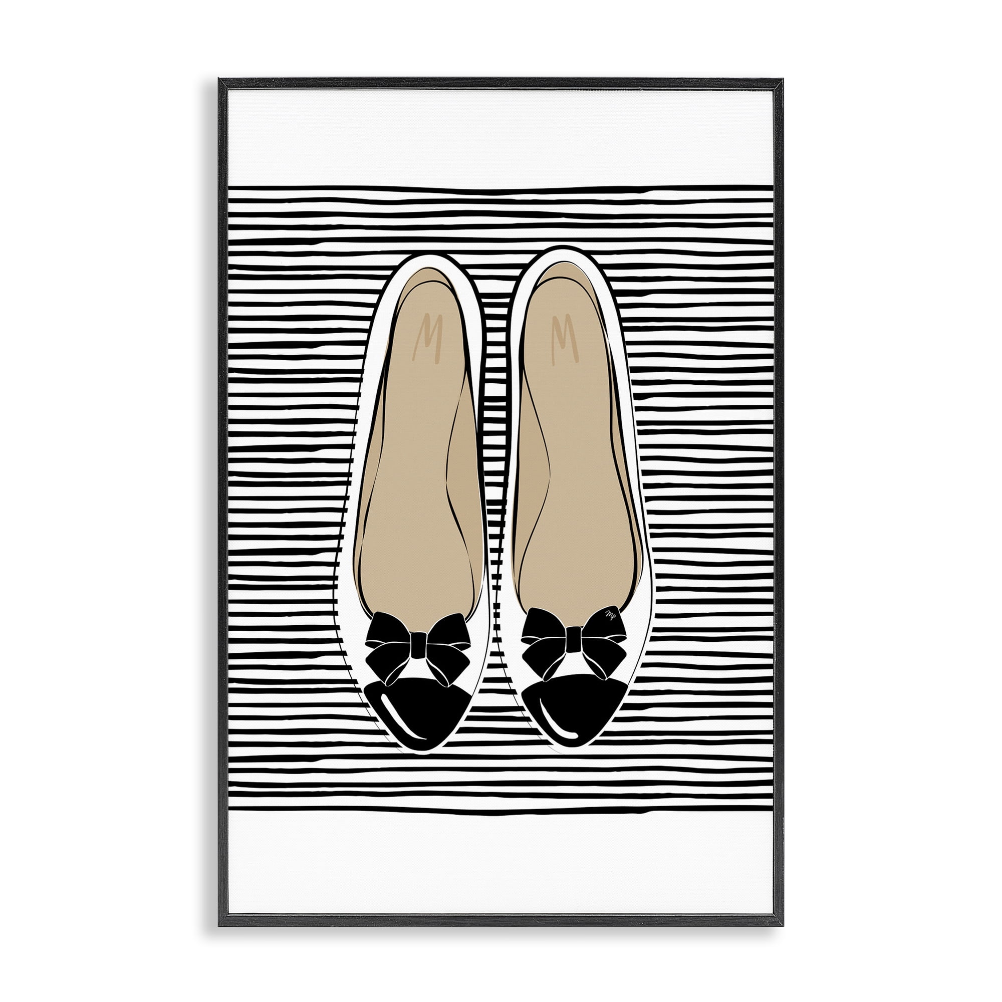 Stupell Industries Bow Flats on Stripes Beauty & Fashion Painting Black Framed Art Print Wall Art, 12 x 18