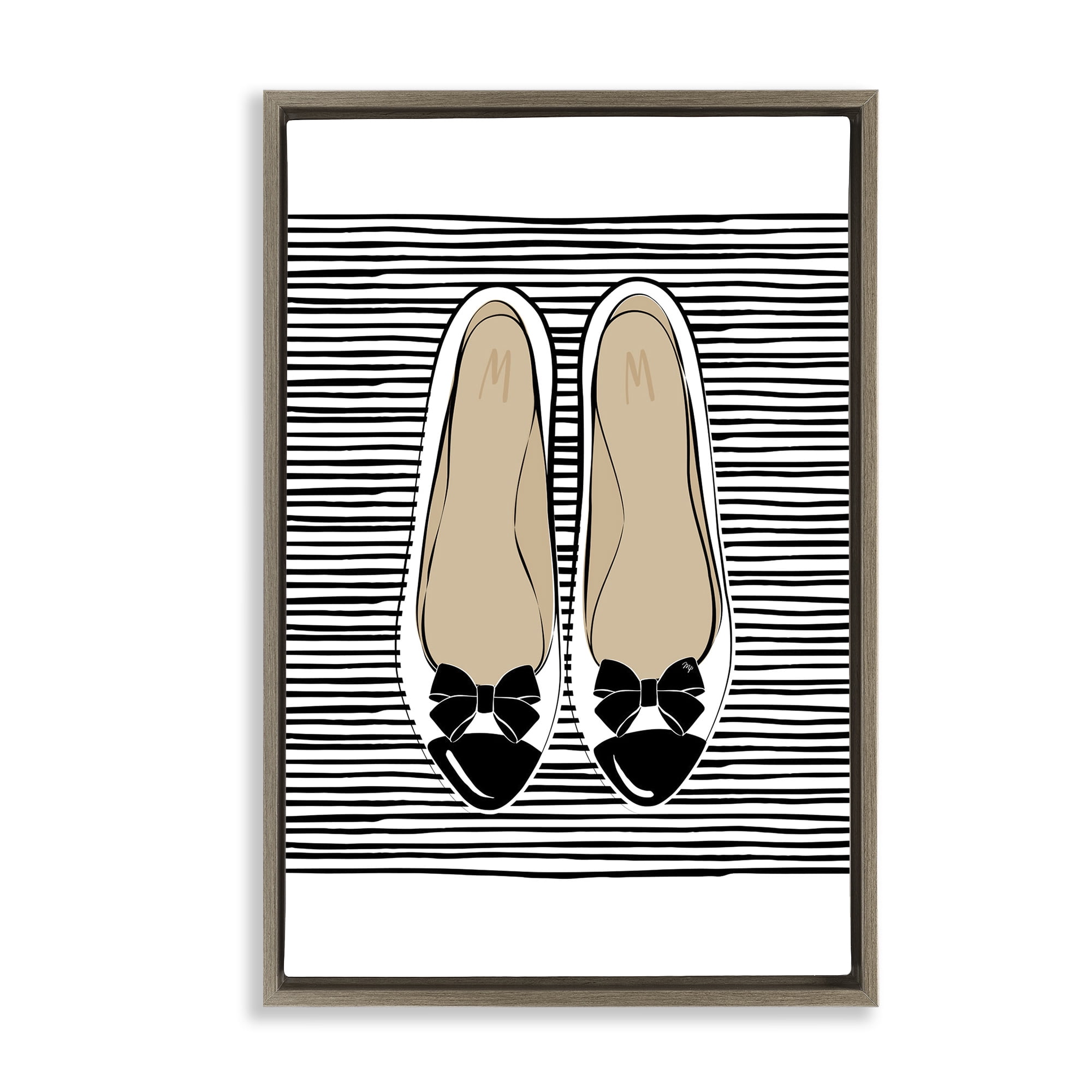 Stupell Industries Bow Flats on Stripes Beauty & Fashion Painting Brown Floater Framed Art Print Wall Art, 21 x 31