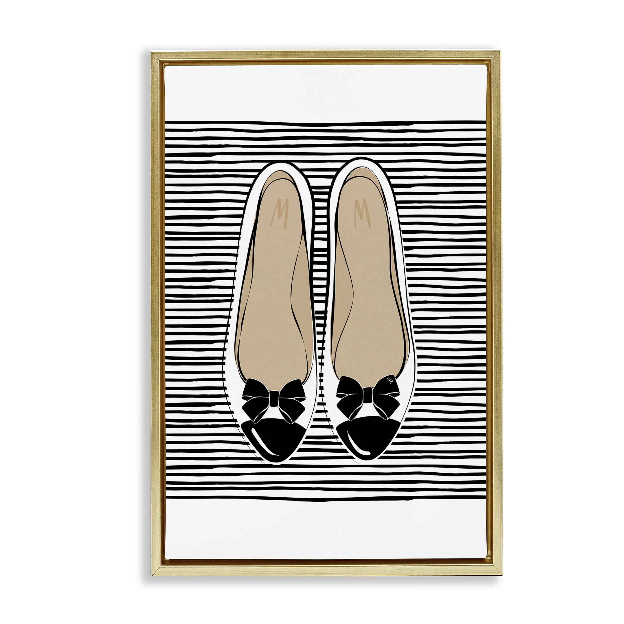 Stupell Industries Bow Flats on Stripes Beauty & Fashion Painting Gold Floater Framed Art Print Wall Art, 17 x 25
