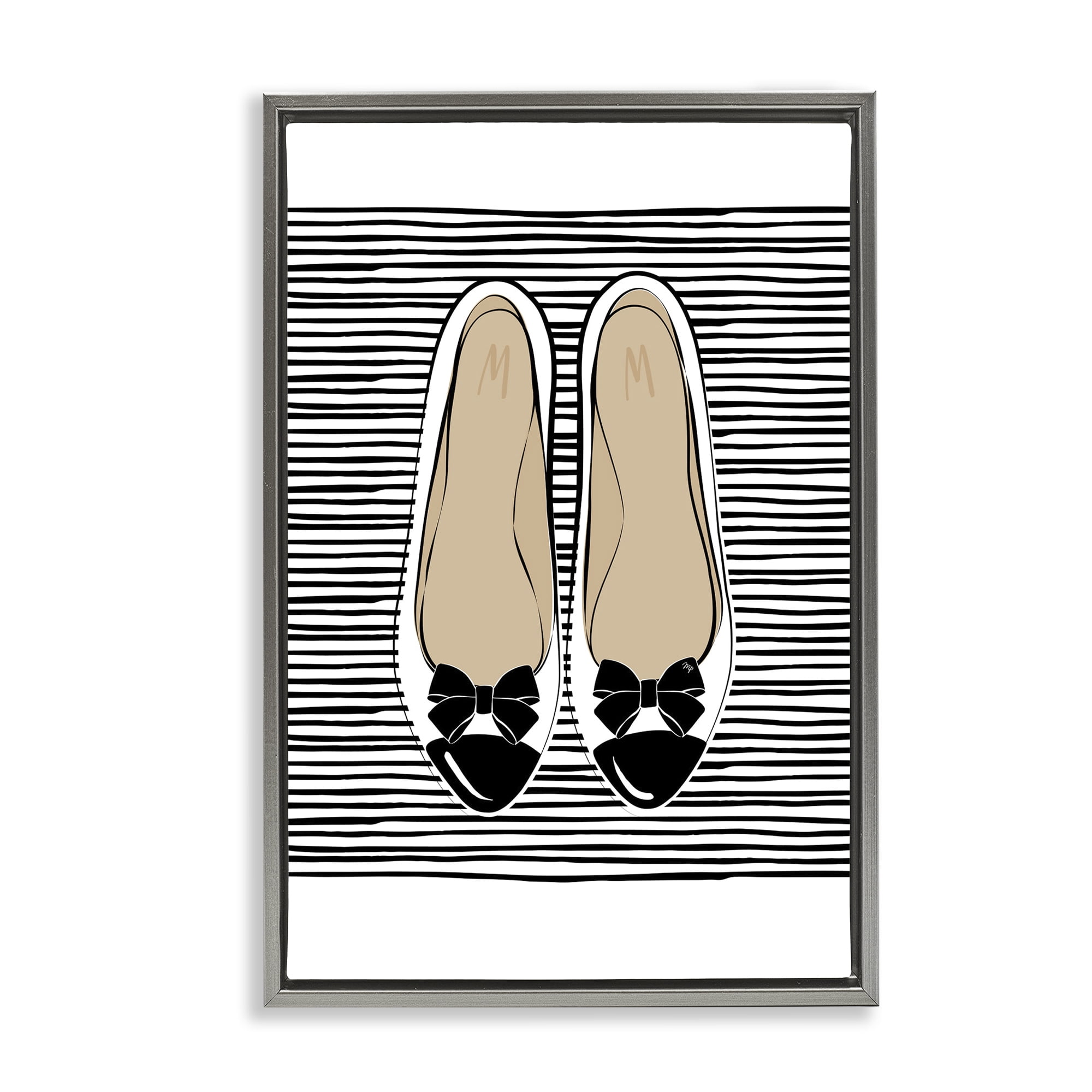 Stupell Industries Bow Flats on Stripes Beauty & Fashion Painting Gray Floater Framed Art Print Wall Art, 21 x 31