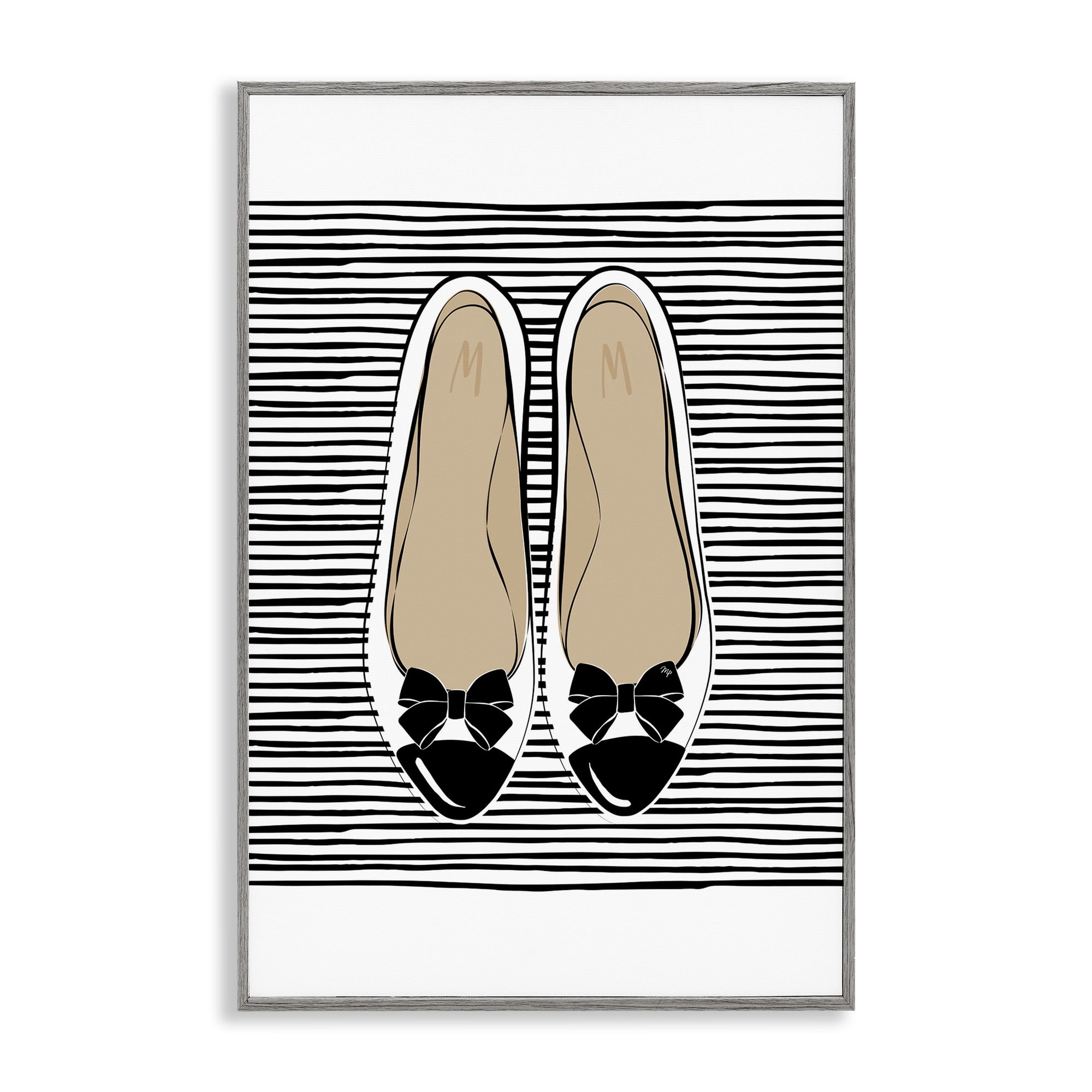 Stupell Industries Bow Flats on Stripes Beauty & Fashion Painting Gray Framed Art Print Wall Art, 12 x 18