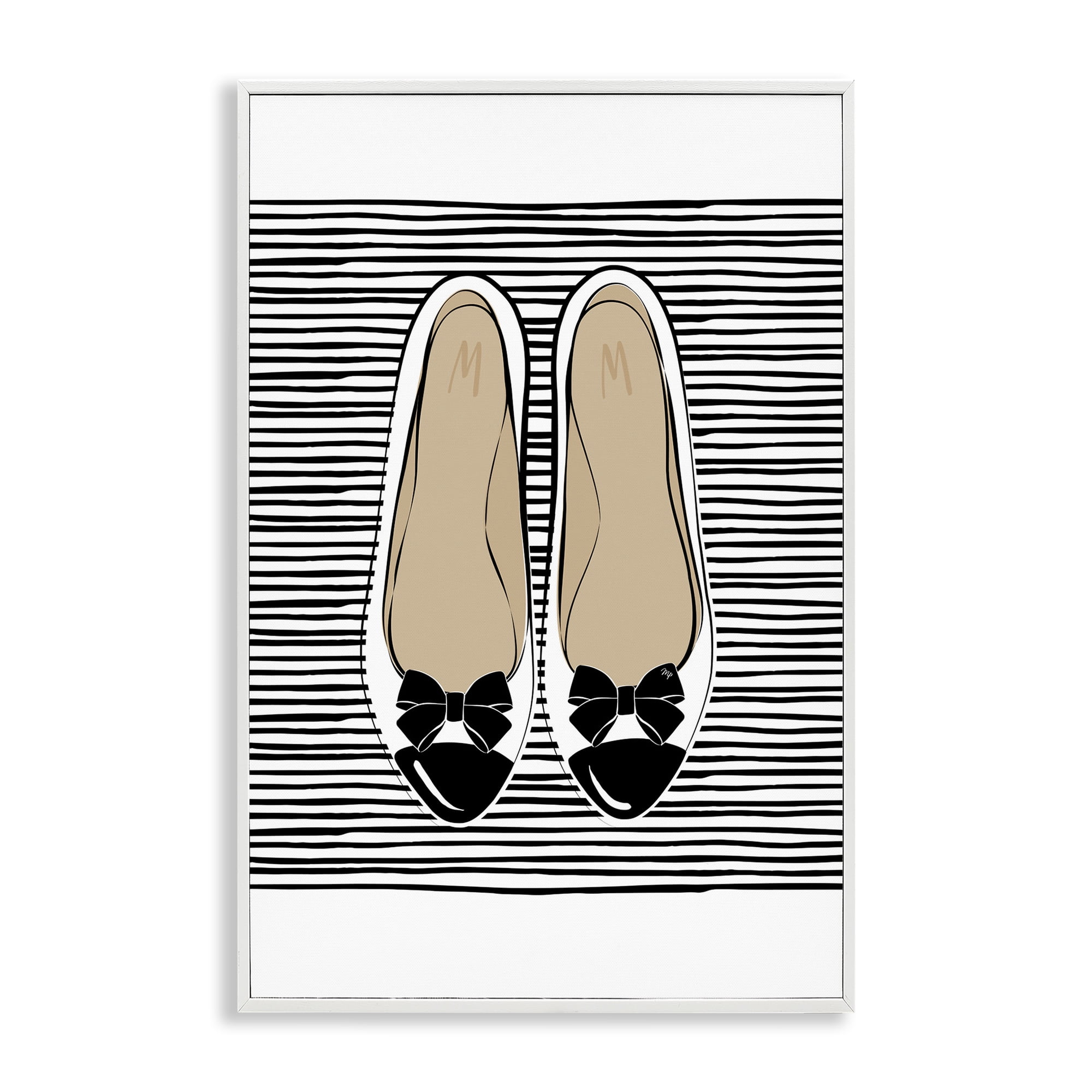 Stupell Industries Bow Flats on Stripes Beauty & Fashion Painting White Framed Art Print Wall Art, 12 x 18