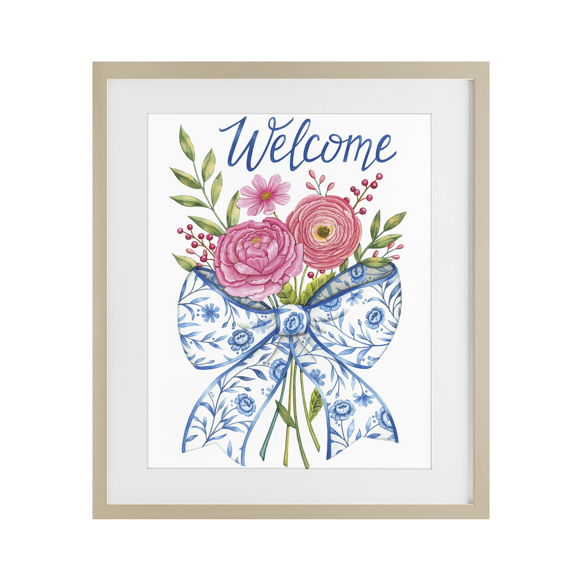 Stupell Industries Bow & Flowers Welcome Birch Framed Print Under Glass, design by Deb Strain