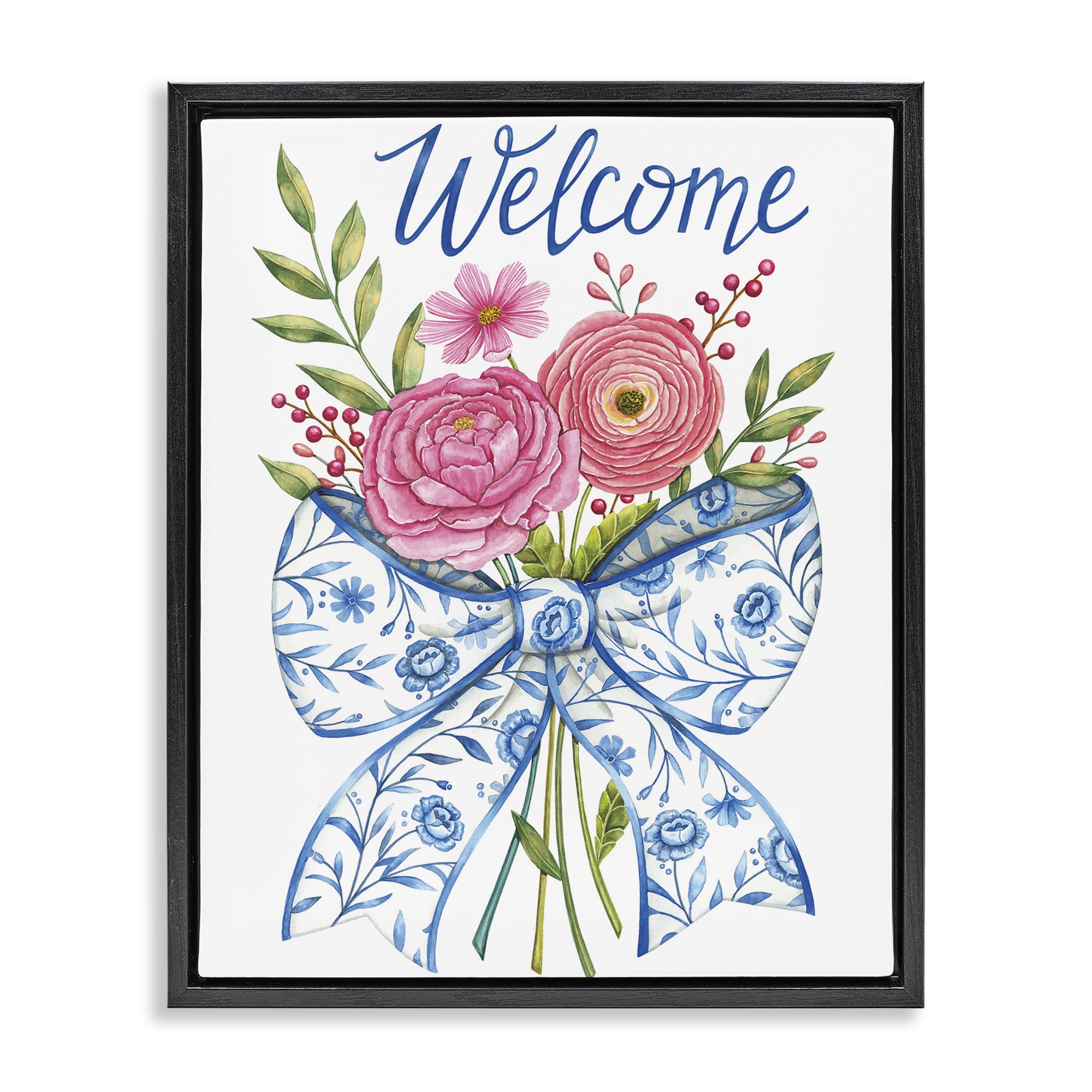 Stupell Industries Bow & Flowers Welcome Black Framed Floater Canvas Wall Art, design by Deb Strain